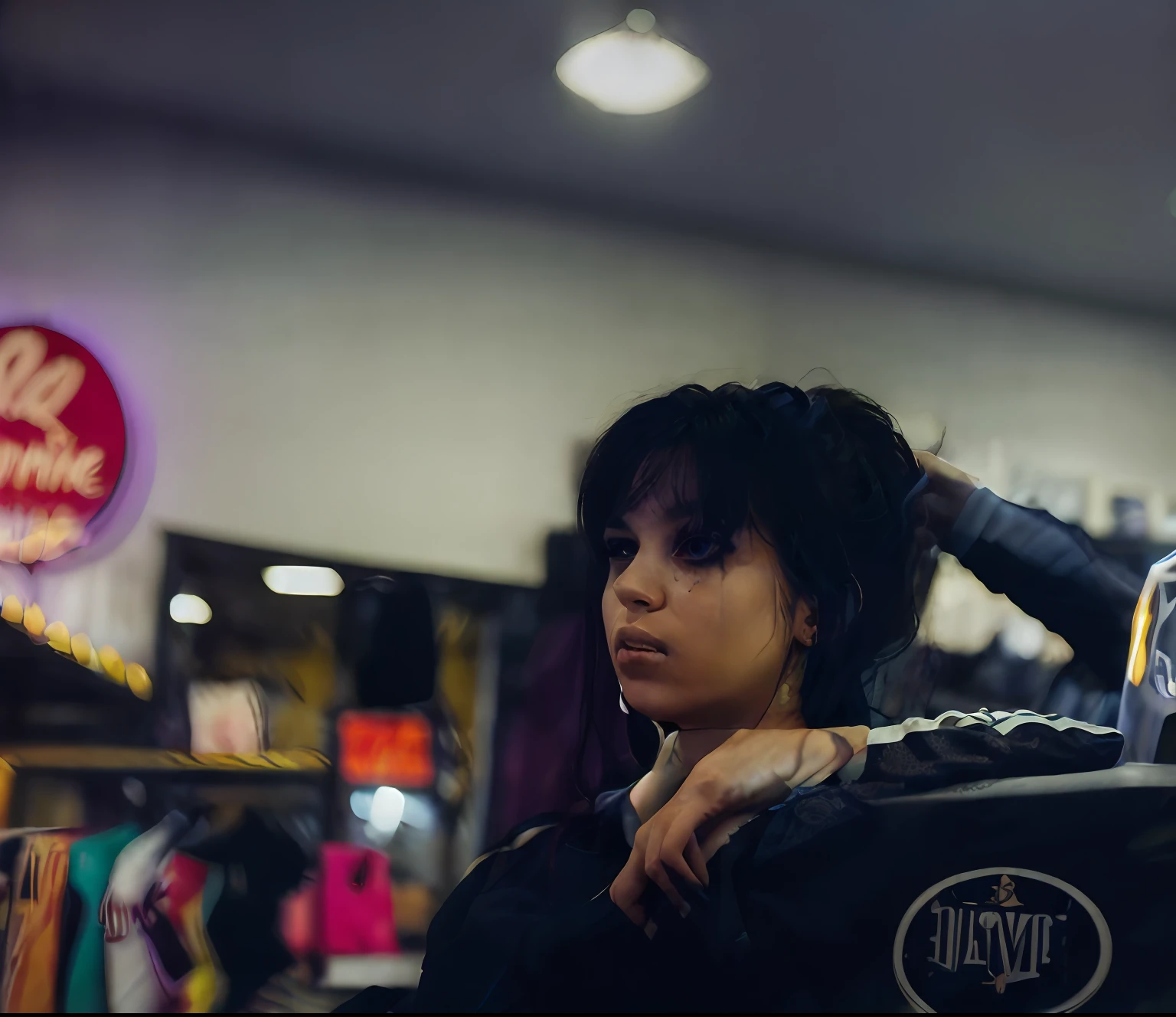 there is a woman sitting in a chair in a store, dim dingy gym, cynthwave, adriana dxim, girl in a record store, shoulder in front pose, by Raphaël Collin, photograph of a techwear woman, dimly - lit, by Gina Pellón, khyzyl saleem, riyahd cassiem