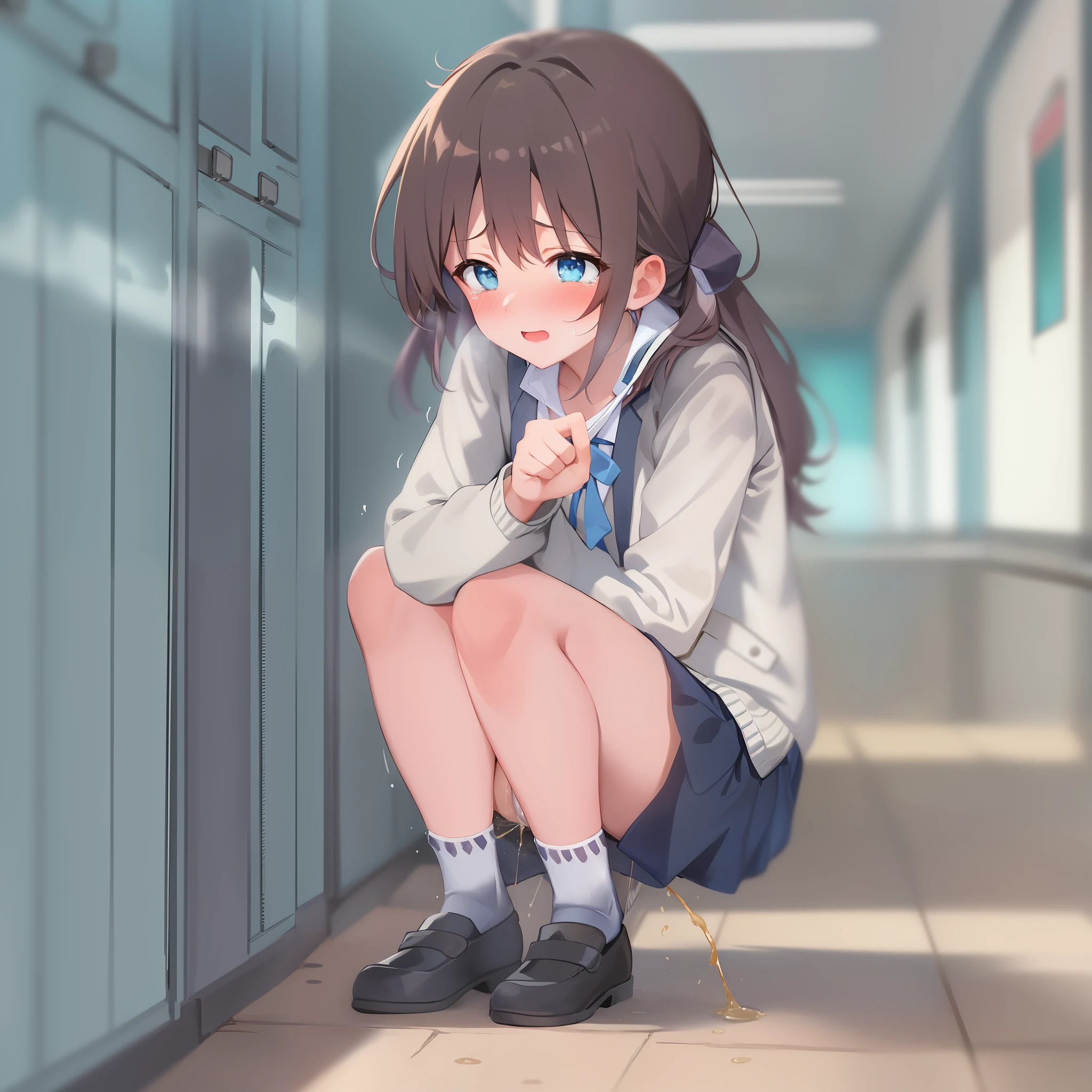 masterpeice, best quality, anime, front angle, 1girl, solo, school uniform, white shoes, blue tip, white socks, blazer, brown sweater, collared shirt, gray cardigan, neck ribbon, blue skirt, black stockings, white panties, squatting, sitting, legs apart, facing foward, panties shown, peeing, peeing herself, puddle of her own urine is forming around her feet, looking away, embarrassed, sad, crying, surprised, flustered, blushing, mouth closed, stained panties, at a school hallway, :d school hallway