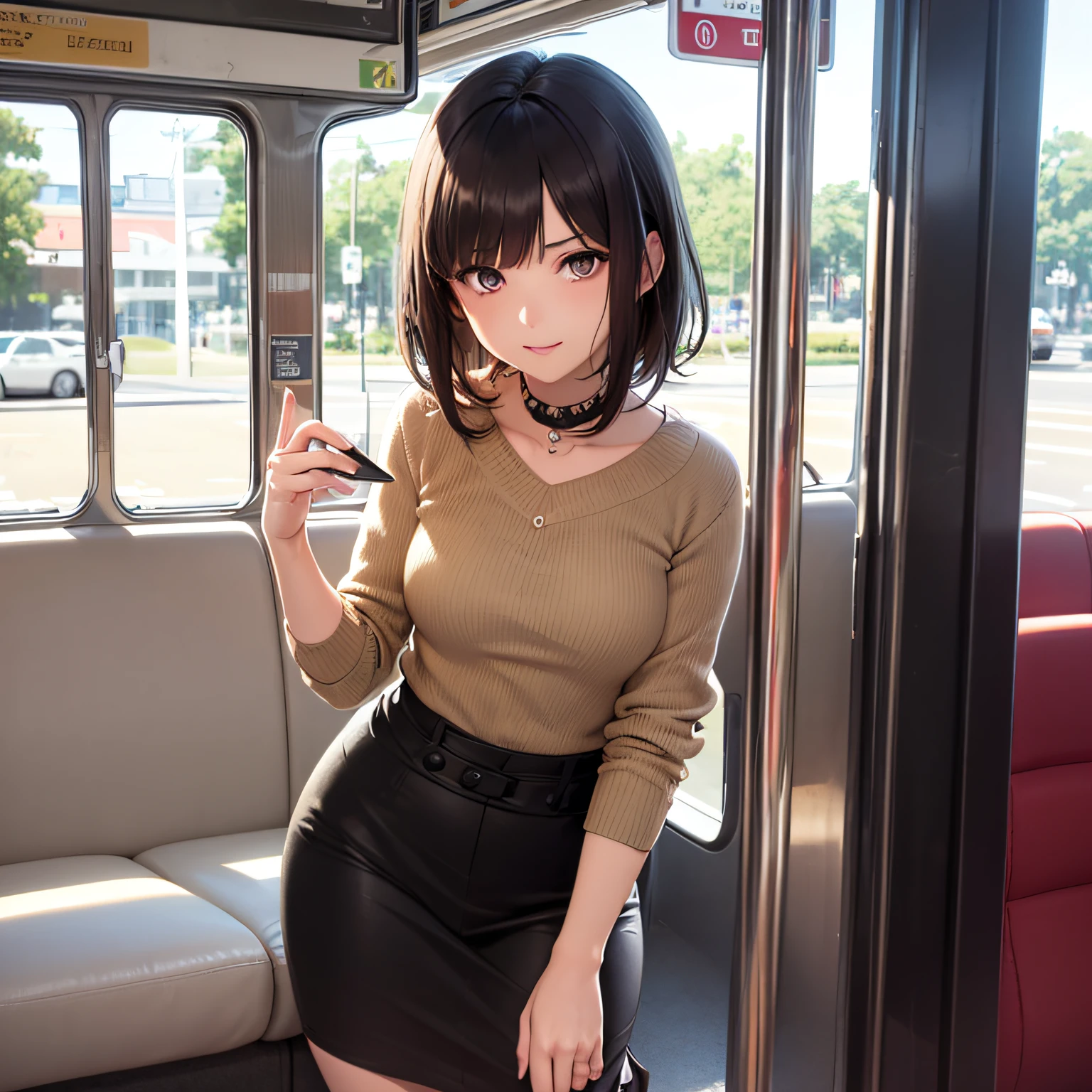 (masterpiece, best quality, beautiful anime art:1.4), urban_realism:1.4, public_transit, solo_traveler, independent_spirit, mid-shot, waist_up, slender_figure, elegant_posture, graceful_hands, shoulder_length_curls, side_swept_bangs, hair_clip, calm_expression, subtle_smile, mysterious_hazel_eyes, fair_complexion, eclectic_fashion, asymmetrical_hemline, draped_fabric, vintage_brooch, oversized_sunglasses, fringed_scarf, leaning_against_window, holding_book, public_bus_interior, commuter_vibe, earth_tones, rust_olive_green, sunlight_streaming, play_of_shadows, rarely_used_tags, understated_elegance, urban_fashion, unconventional_style, independent_woman, vintage_touch, subtle_glamour, serene_beauty, urban_realism, public_transportation, eclectic_wardrobe