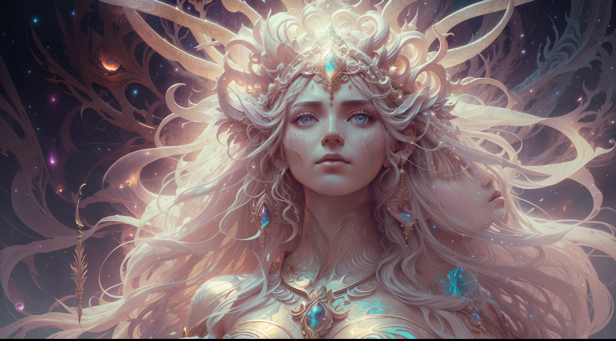 Eldritch, Harsh ancient gods in the night storm, Cloaked in a starry sky, [[Sophia Anne Caruso]], [zendaya], Translucent ivory prosthetic Eldridge horror, Erotic pose, Cinematic lighting, (By (Daniel Mernagh) (Carne Griffiths) Monika Nowak), Highly detailed, Detailed face, Soft body, Alien, Close-up of a goddess with a crown on her head, goddes, The upper part of the body，sideface, a stunning portrait of a goddess, Fantasy art Behance, goddes, Extremely high detail, Trending ArtStation, Deviantart ArtStation CGSCOSIETY, extremely detailed goddess shot, trending on artstation 4k, 3 d goddess portrait, hindu aesthetic, trends in art station