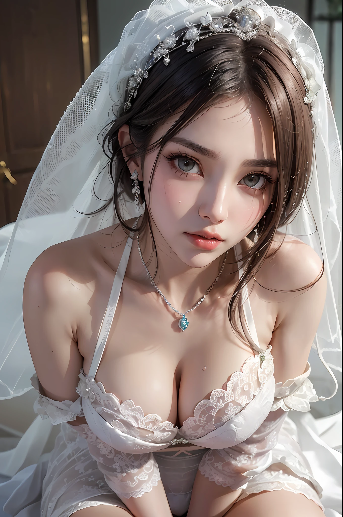 (masutepiece: 1.3), (max resolution: 1.2), (Ultra HDTV: 1.2), cinematric light, 8K resolution, Detailed eyes and skin, detailed facial features, , (Sharp Focus: 1.2）, (Focus on Face:1.2),Perfect Style, Beautiful face, acurate, Anatomically correct, Highly detailed face and skin texture, Detailed eyes, Double eyelids, Thin eyebrows, Glitter Eyeliner: 1 Natural cheeks, Glossy skin, Fair skin: 1.2, (Glossy lips: 1.4),、 (Shy look: 1.2),Highly detailed facial and skin texture, Detailed eyes, Double eyelids, Natural cheeks, , shiny lips: 1.4,Exposed cleavage、（A large amount of sperm in the chest:1.4）（Large amount of sperm in the thighs:1.2）、 red blush、humiliated、impatience、dismay、Frightened、glares、embarrassed from、Open knees、open one's legs、Masturbation behavior、masturbation、stroking the chest、White underwear、White bra、Shiny little earrings and necklaces、、Disheveled clothes、Dressing、Exposed panties、Wearing sweat、Stockings、Sweaty thighs、Sheer underwear、 25 years old, Neat and clean woman 、 White-silver hair、Green ash eye, Big, upturned breasts, Sitting on the floor, chies、(weddingdress:1.6)、veils、0