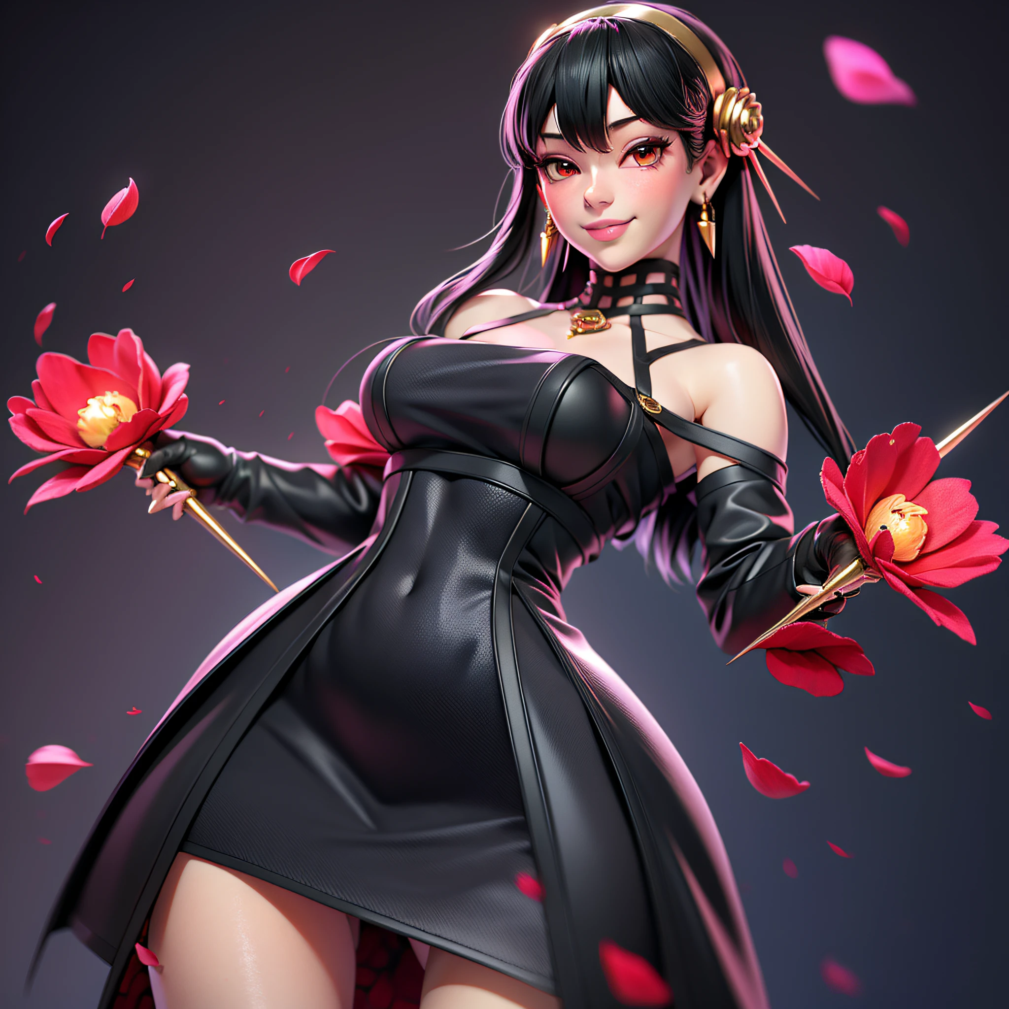 3dmm style,(masterpiece, top quality, best quality, official art, beautiful and aesthetic:1.2), (fractal art:1.3), 1girl, beautiful, high detailed,lighting, bloom, cinematic lighting,smiling,Yor Briar, black dress, black gloves, black long hair,off-shoulder dress, off shoulder, petals, red eyes, rose, rose petals, rose print, short hair with long locks, sidelocks, solo, spikes, thighs, two-sided dress, two-sided fabric, weapon ,huge hips, tzuyu, medium shot,