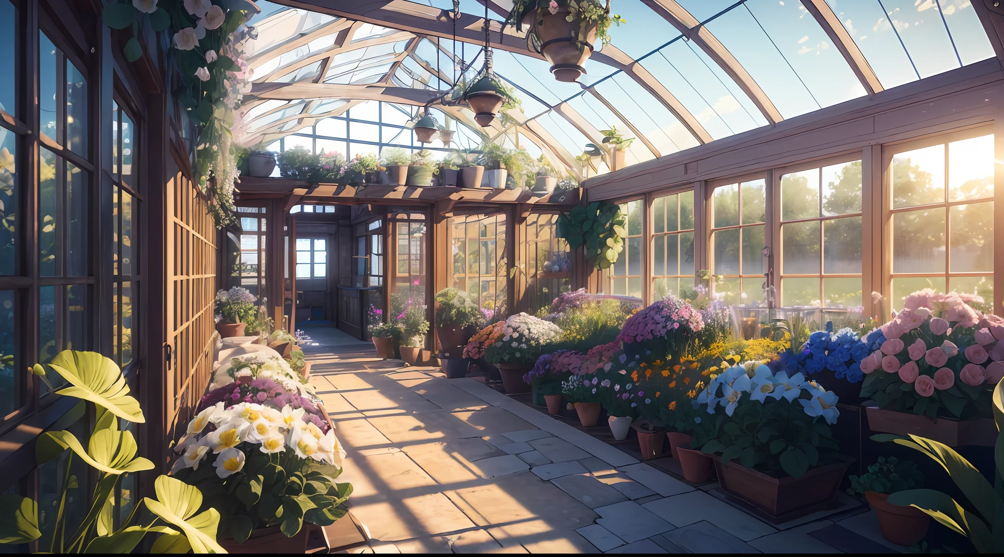 (ultra-detailed CG unity 8k wallpaper, masterpiece, best quality, depth of field, HDR, intricate), (no humans, scenery), greenhouse, flowers, light particles, wallpaper, best quality, extremely detailed, extremely delicate and beautiful, vibrant colors, sharp focus,