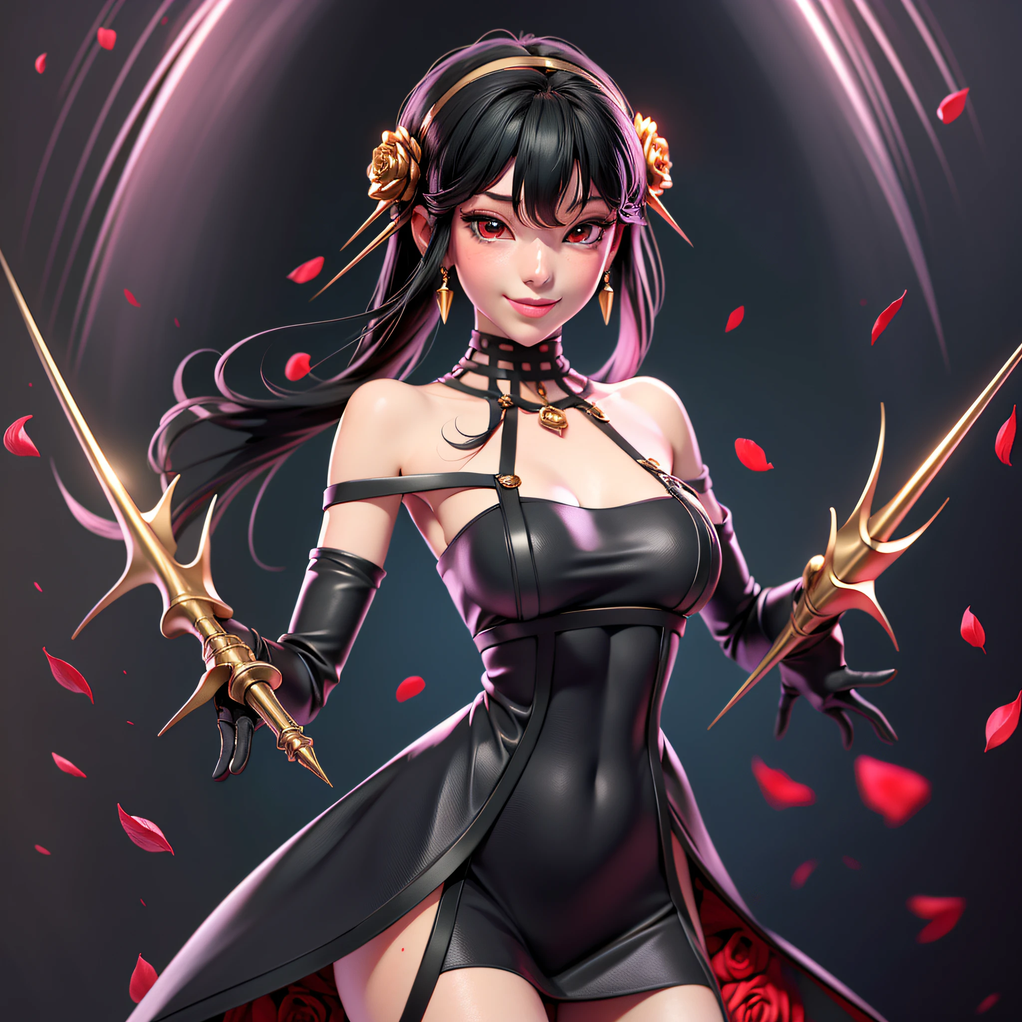 3dmm style,(masterpiece, top quality, best quality, official art, beautiful and aesthetic:1.2), (fractal art:1.3), 1girl, beautiful, high detailed,lighting, bloom, cinematic lighting,smiling,Yor Briar, black dress, black gloves, black long hair,off-shoulder dress, off shoulder, petals, red eyes, rose, rose petals, rose print, short hair with long locks, sidelocks, solo, spikes, thighs, two-sided dress, two-sided fabric, weapon ,huge hips, tzuyu, medium shot,