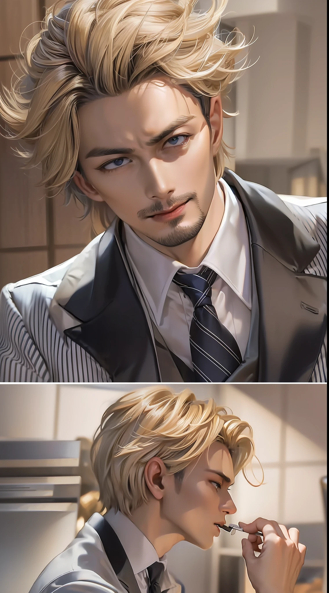 ((best quality)), ((ultra res)), ((photorealistic)), (intricate details), 21 year old man, perfect face, light on face, face detail, in kitchen , blonde wavy short hair,One man , Vinsmoke Sanji from the anime One Piece by Eichiro Oda , tall , slender man , long-legged , Grey-blue eyes , Attractive , holding a cigarette , has curly eyebrows , Strong jawline , Pointed nose , wears a black, double-breasted suit with a tie and a long-sleeved, buttoned shirt black, with or without pinstripes , sports a dark goatee, and stubble on his upper lip , hair cover one side of his face , one man , masculine, realistic, best quality , fair skin , handsome , smirks , cooking , ultra high resolution