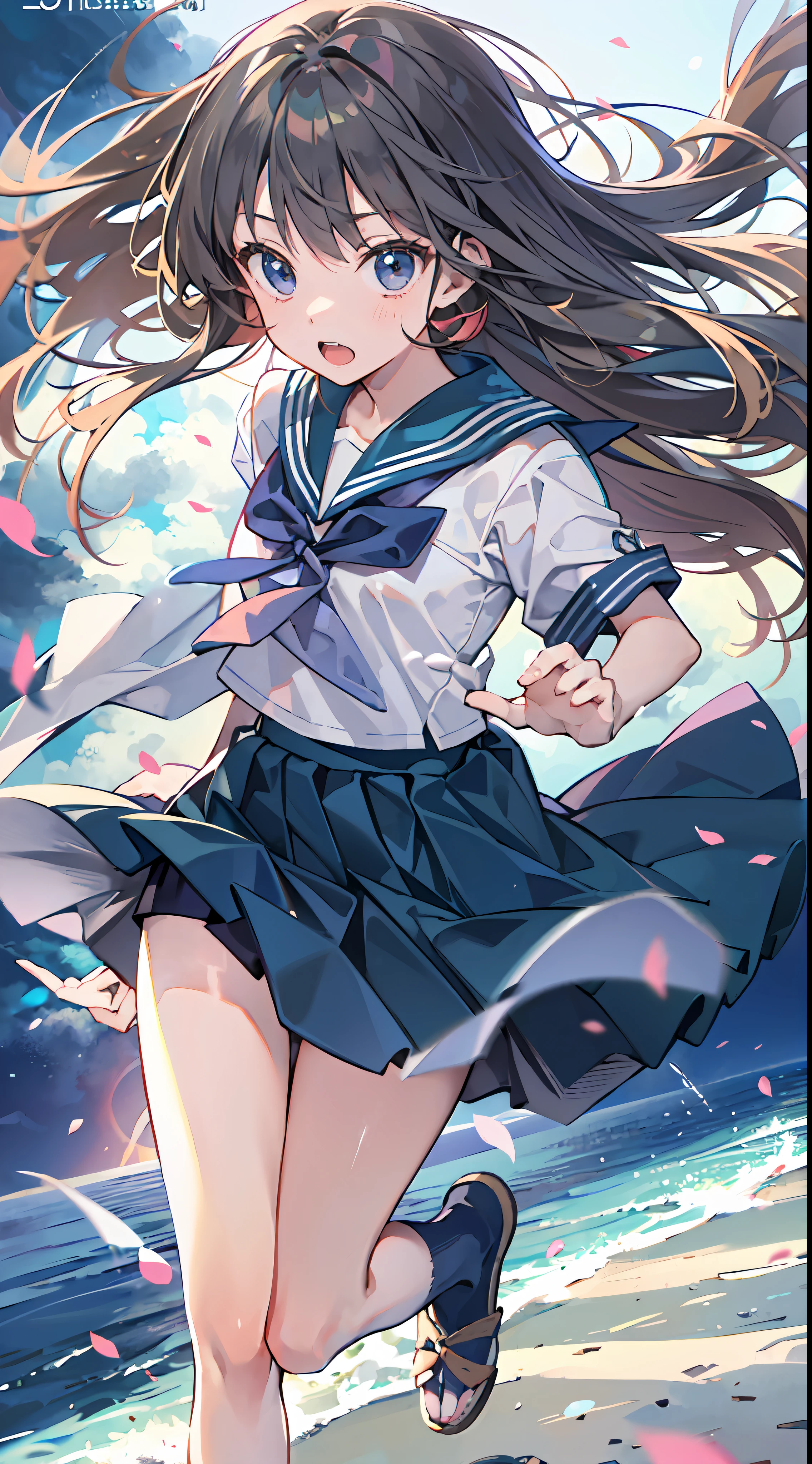 ​masterpiece、Full illustration、Young and cute Japan woman、Female about 16 years old、Wearing a sailor suit on a white background、Navy blue skirt、Long long hair、、country road、Holding the recorder with both hands、Very strong headwind、Small jumps in strong winds、Strong winds for all-back style hairstyles、(((FULLBODY)))