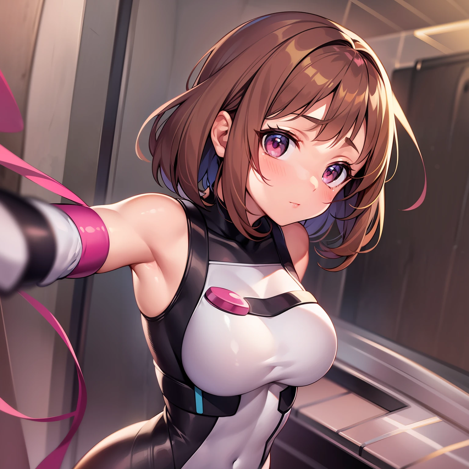 masterpiece, best quality, uraraka ochako,urarakahero bodysuit, (arms behind back), upper body, blush,