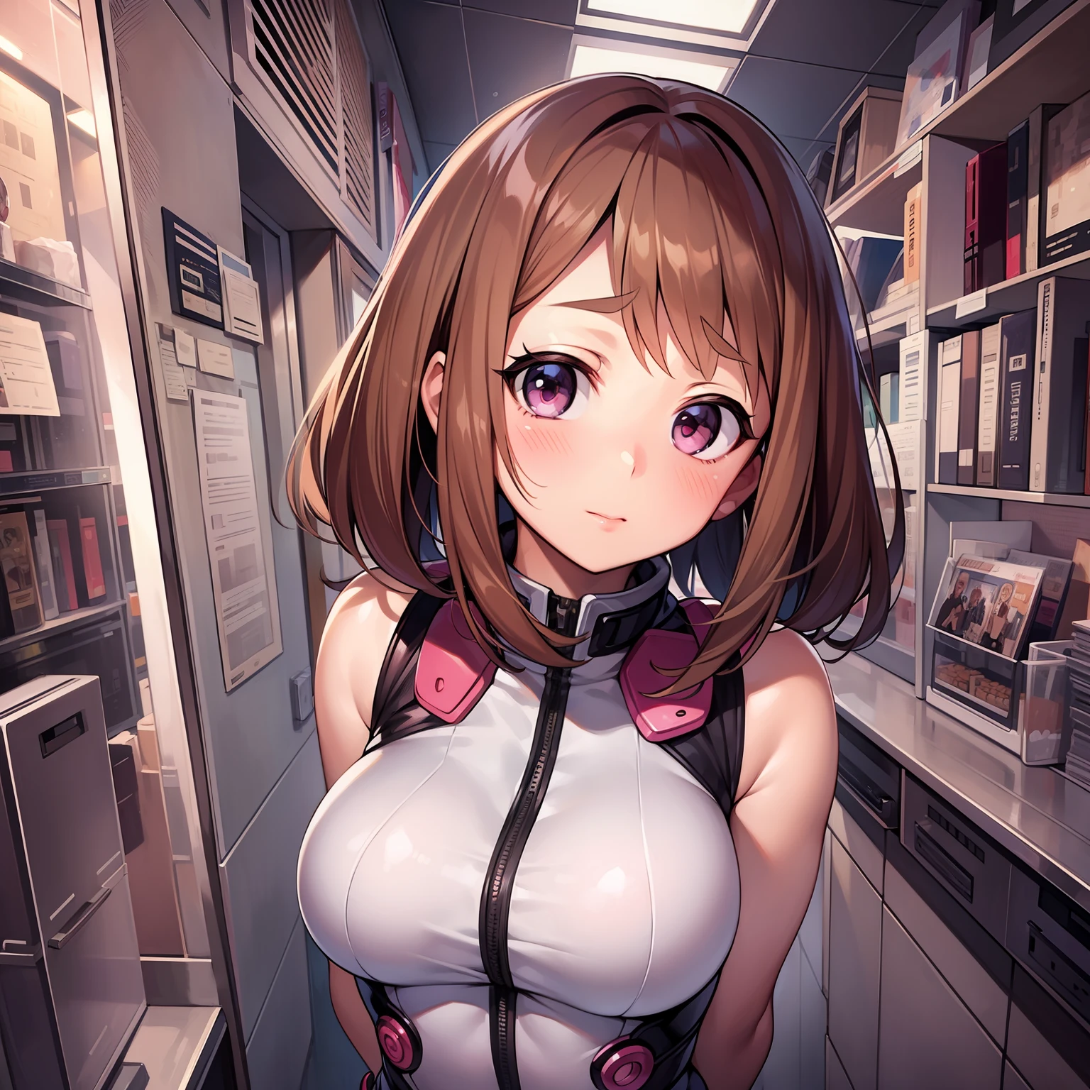 masterpiece, best quality, uraraka ochako,urarakahero bodysuit, (arms behind back), upper body, blush,