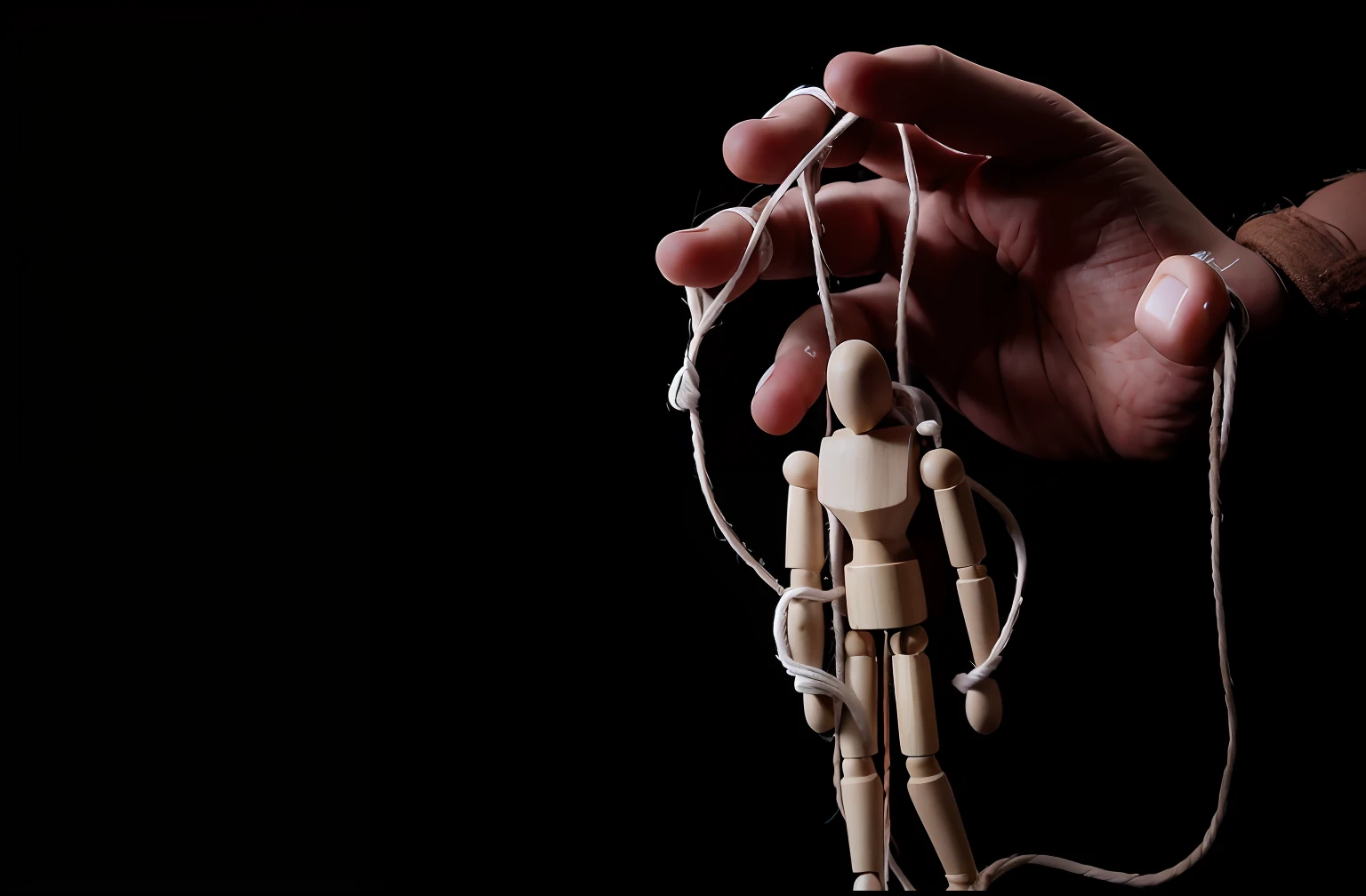Someone is holding a wooden doll with a rope attached to it, fantoche de corda, fantoche em uma corda, fantoche de marionete assustadora, estrangulado com corda, marionete, puxando cordas, manipulacao, contra fundo escuro, Sujeito feito de corda de malha branca, mestre de fantoches, contra um fundo preto profundo, Fantoches, fantoche de marionete mascarada assustadora, rope bondage, Lutando