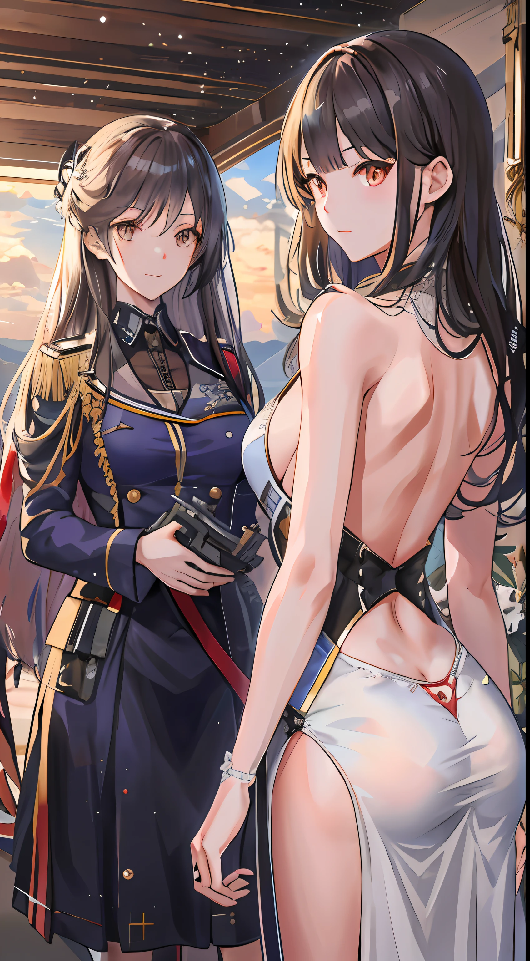 Anime girl in uniform standing next to another woman in dress, Fine details. Girl Front, from girls frontline, Girls Frontline CG, girls frontline style, azur lane style, Girl Front, 《azur lane》role, girls frontline universe, WLOP and Sakimichan, Range Murata and Artgerm, A scene from the《azur lane》videogame