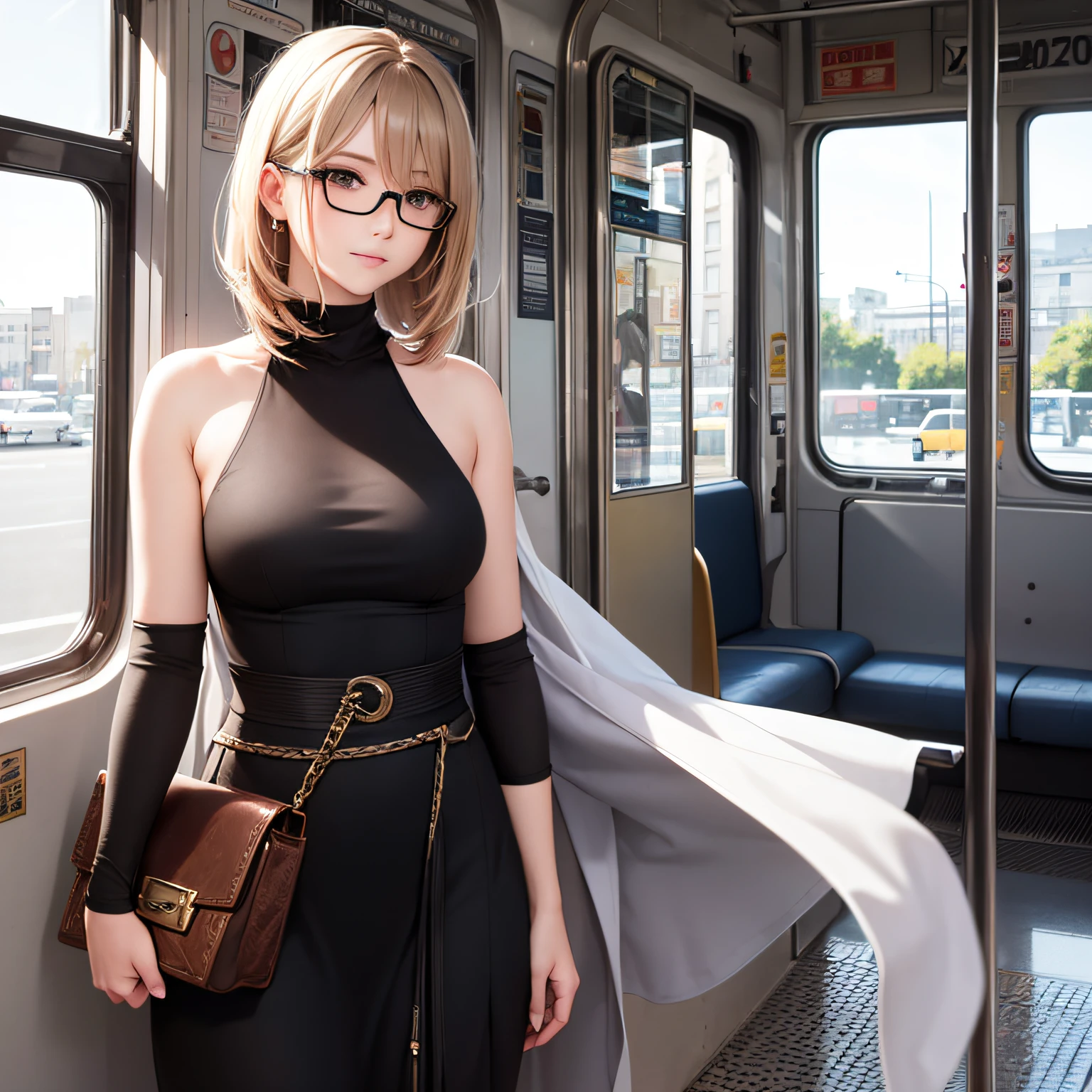 (masterpiece, best quality, beautiful anime art:1.4), urban_realism:1.4, public_transit, solo_traveler, independent_spirit, mid-shot, waist_up, slender_figure, elegant_posture, graceful_hands, shoulder_length_curls, side_swept_bangs, hair_clip, calm_expression, subtle_smile, mysterious_hazel_eyes, fair_complexion, eclectic_fashion, asymmetrical_hemline, draped_fabric, vintage_brooch, oversized_sunglasses, fringed_scarf, leaning_against_window, holding_book, public_bus_interior, commuter_vibe, earth_tones, rust_olive_green, sunlight_streaming, play_of_shadows, rarely_used_tags, understated_elegance, urban_fashion, unconventional_style, independent_woman, vintage_touch, subtle_glamour, serene_beauty, urban_realism, public_transportation, eclectic_wardrobe