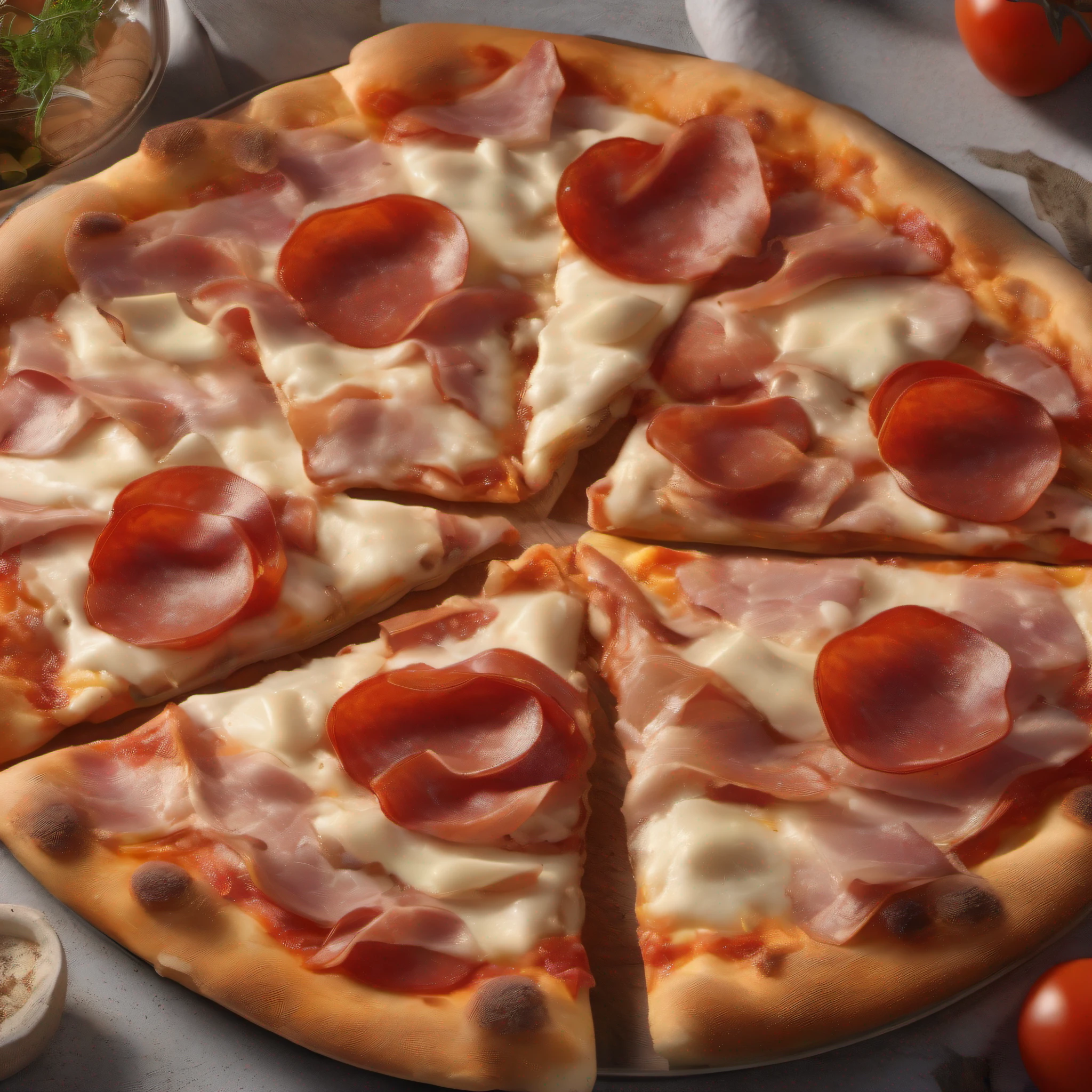 hay una pizza de jamon queso mozzarella y pepperoni, en una mesa, primer plano, comida de alta calidad,fotografia profesional de comida. 8k, studio light, cinematic, sharp focus, 3d