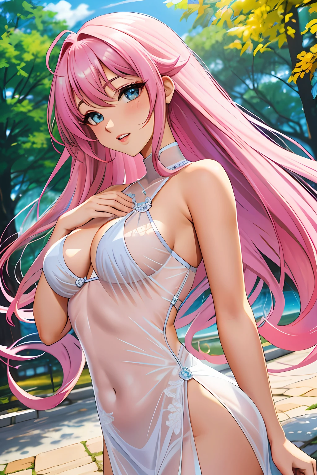 HD picture，Plump breasts， nedium breasts， breasts focus，Areola pink，Protruding ， 1girll， underboobs， Side Chest， no-bra，See-through dresses， parks， Skysky， the trees， Vivid hair， The eye， eye shadows， collofull eyes， eyebrows very， nase， cparted lips， teeth， the face， the hair， long whitr hair， 1girll， 独奏，