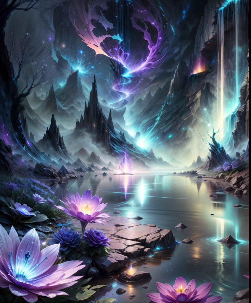 bioluminescence, waterfall, flowers, starry sky