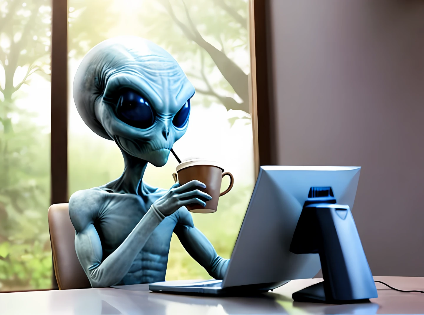 Raw photo of ETGrey Alien drinking coffee, sitting in a gaming chair in front of a state-of-the-art computer