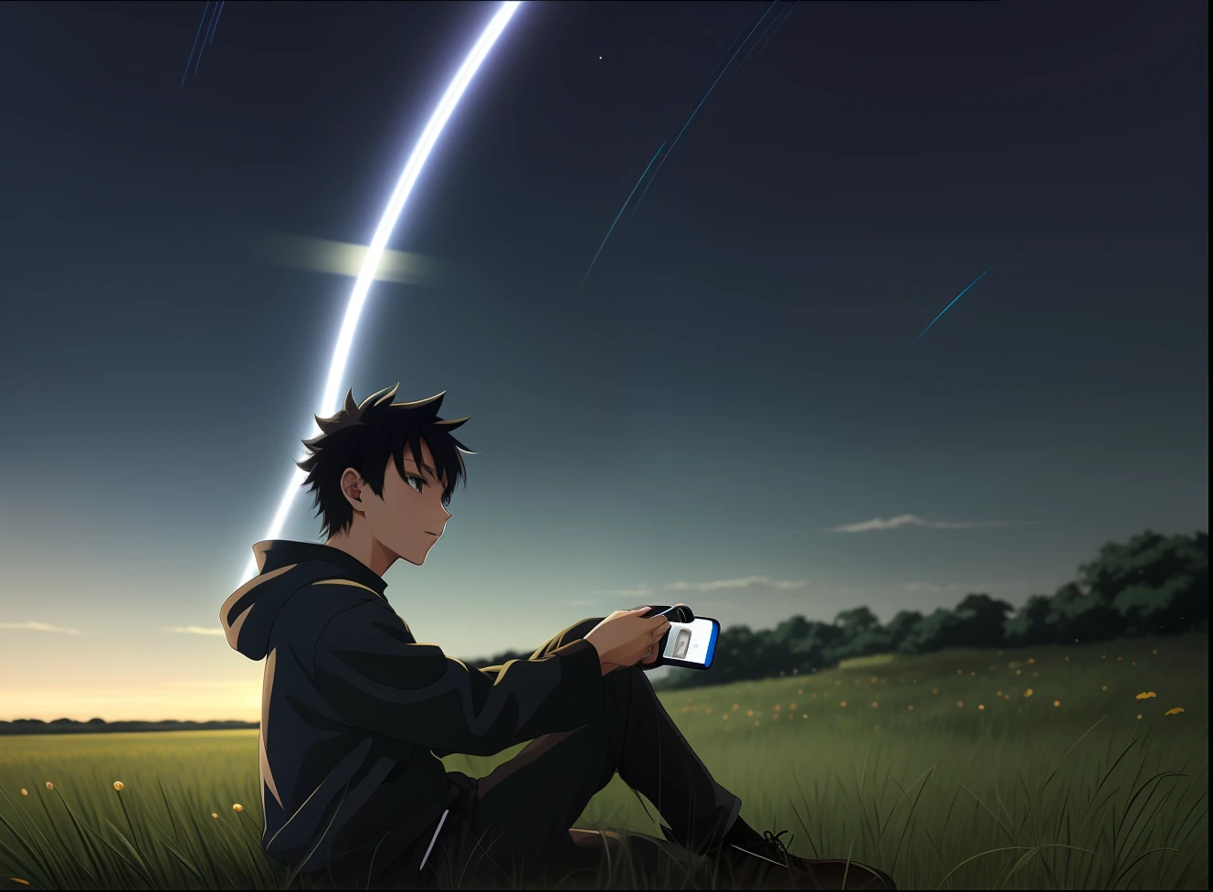 Anime boy sitting in a field with a cell phone in hand,