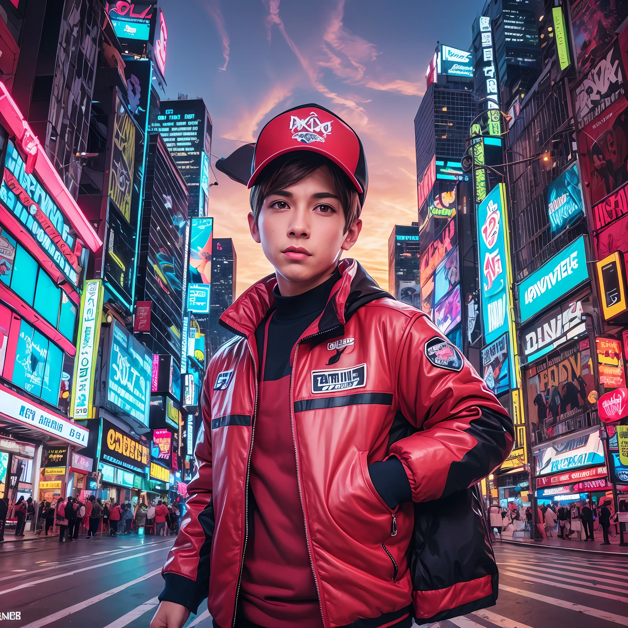 foto realista do ator michael jean fox aos , personagem martin mcfly, do filme de volta para o futuro, vestindo uma jaqueta puffer vermelha, casaco brilhante, with cap of 2 colors white and red, rosto , sem barba, jovial, movie heartthrob, , olhando para uma paisagem futurista, num pier da cidade de NY, EUA, synthwave design cores neon, comic book style illustration, arte de linha dura, detalhes precisos, extremamente detalhado --auto --s2