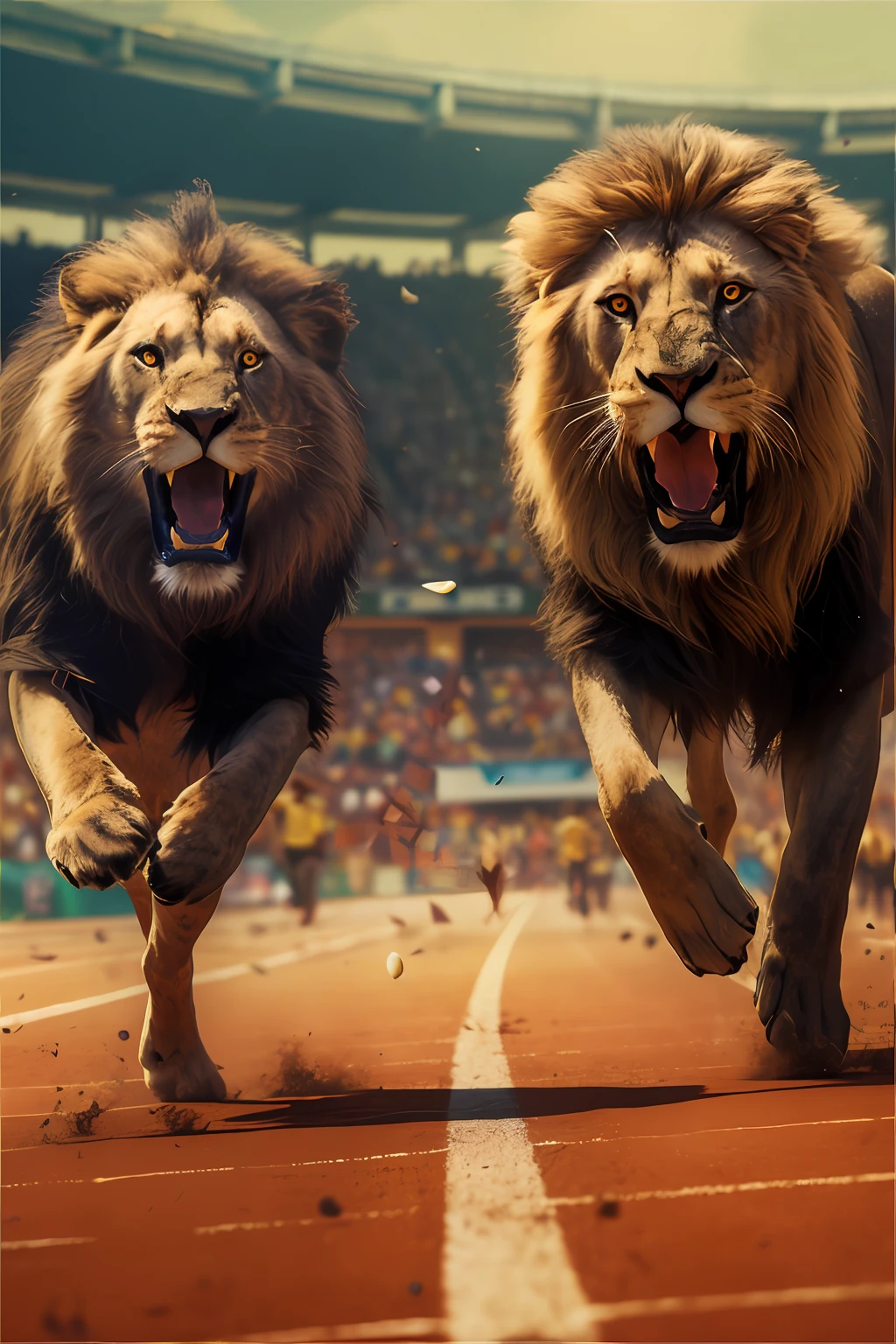 Two lions running on the track,The background is a group of people,the Lion,Best for Adobe Stock,shutter inventory,fierce expression 4k,animals running along,the man riding is on the lion,People run in fear,motivational,strong and ferocious,the spirit of the bull run,animals chasing,author:Adam Maczynski,author:Micha Klein。