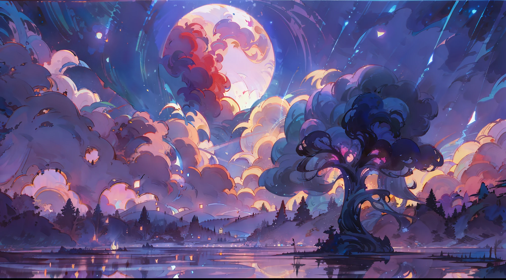 A surreal masterpiece，It presents beautiful and spectacular views in cool colors。Clouds form the background，Accompanied by the moon and fantastic sky reflections。The beautiful sky blends in with the colors of the clouds，Like a blue flame。This 8K picture creates a fantastic atmosphere，Colorful clouds are suspended in it，Create surreal visual experiences
