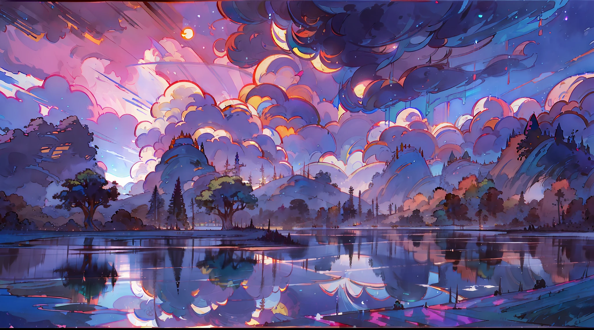 A surreal masterpiece,It presents a beautiful and spectacular view in cool tones。Lakes and trees form the background,Accompanied by a gorgeous moon and dreamy sky reflections。The beautiful sky blends in with the color of the lake,Like a blue flame。This 8K picture creates a fantastic atmosphere,Colorful clouds are suspended in it,Create surreal visual experiences