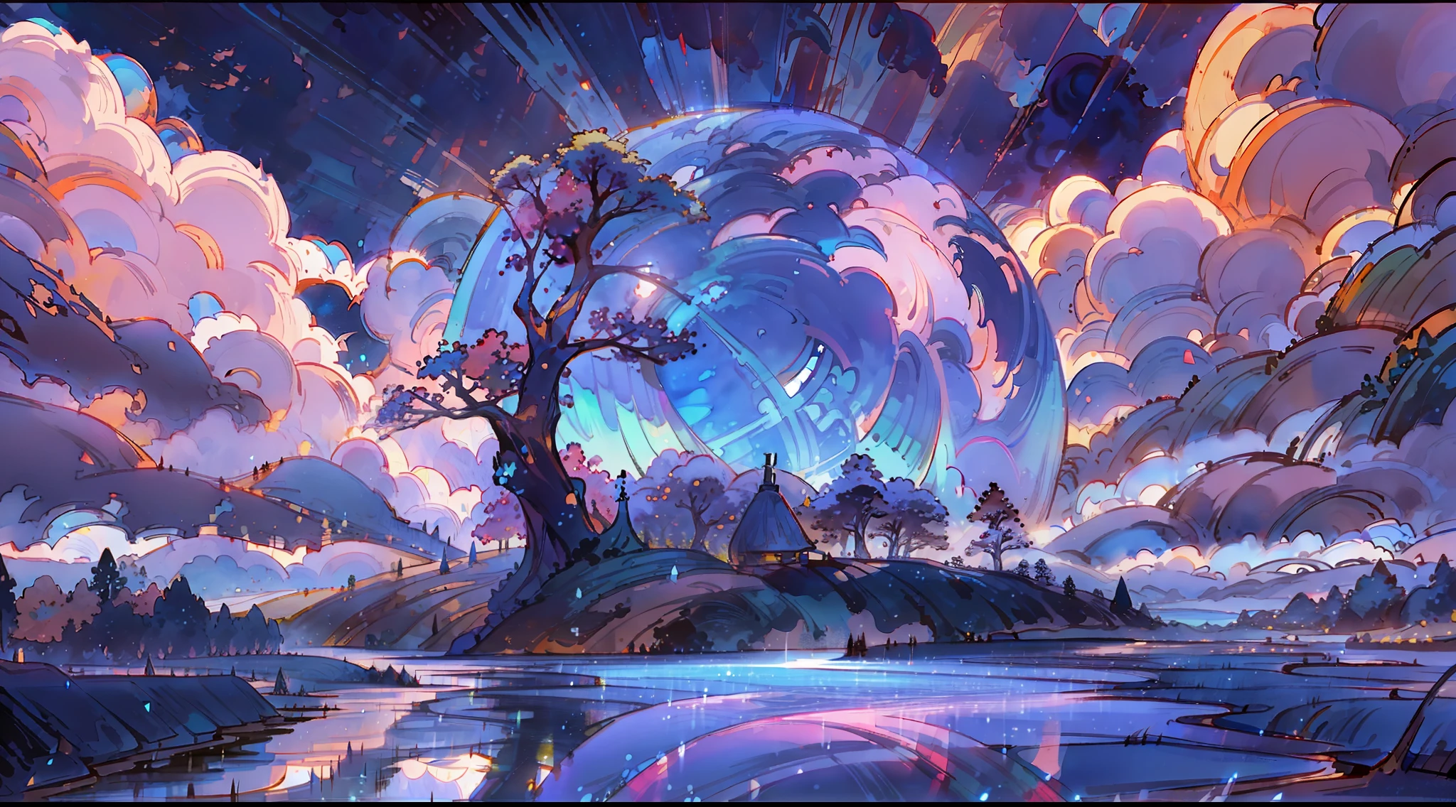 A surreal masterpiece,It presents a beautiful and spectacular view in cool tones。Lakes and trees form the background,Accompanied by a gorgeous moon and dreamy sky reflections。The beautiful sky blends in with the color of the lake,Like a blue flame。This 8K picture creates a fantastic atmosphere,Colorful clouds are suspended in it,Create surreal visual experiences