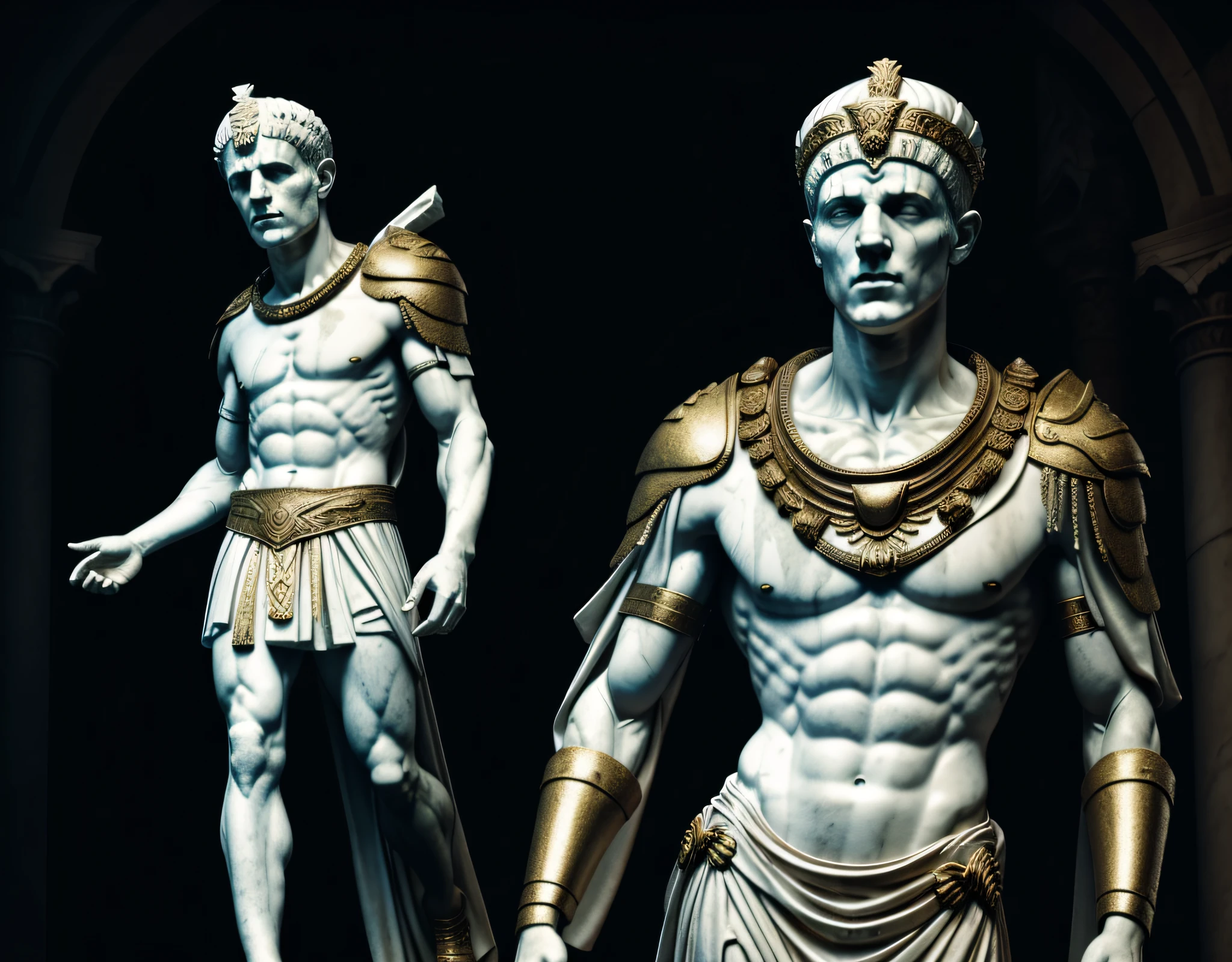 a realistic full body greek white marble statue of julius caesar wearing a ghostly toga, neutral background, moody, , photorealistic, cinematic scene, super detailed, hyper realistic, bright lights, 8 k