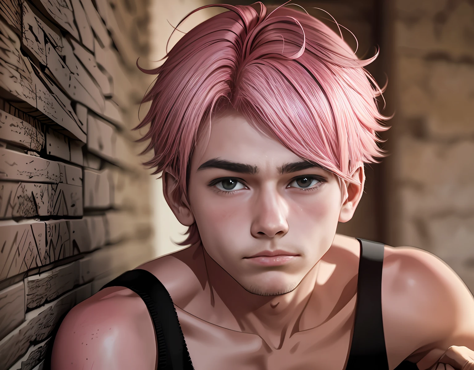 pink hair 15-year-old teenager serious and thoughtful man , tiene cabello rosado oscuro ojos rojos, esta en el antiguo egipto se ven piramides y palacios3d, 1child,