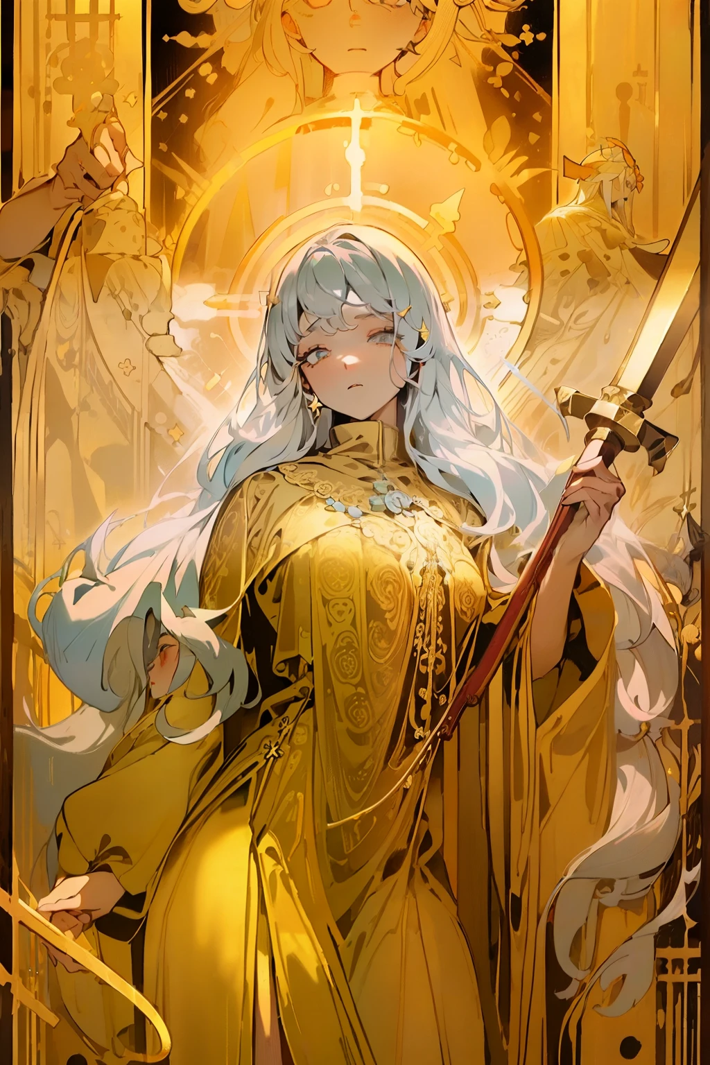 tarot card, 1girl, border, golden border, golden card, golden tarot card, priest, holding staff, golden halo, thick robes, cowboy shot, bust, thick multilayered dress, intricate details, intricately detailed, detailed border, red color, black color, princess, princess hair, long silver hair, pretty eyes, beautiful big eyes, dull, pastel colors, dull pastel colors