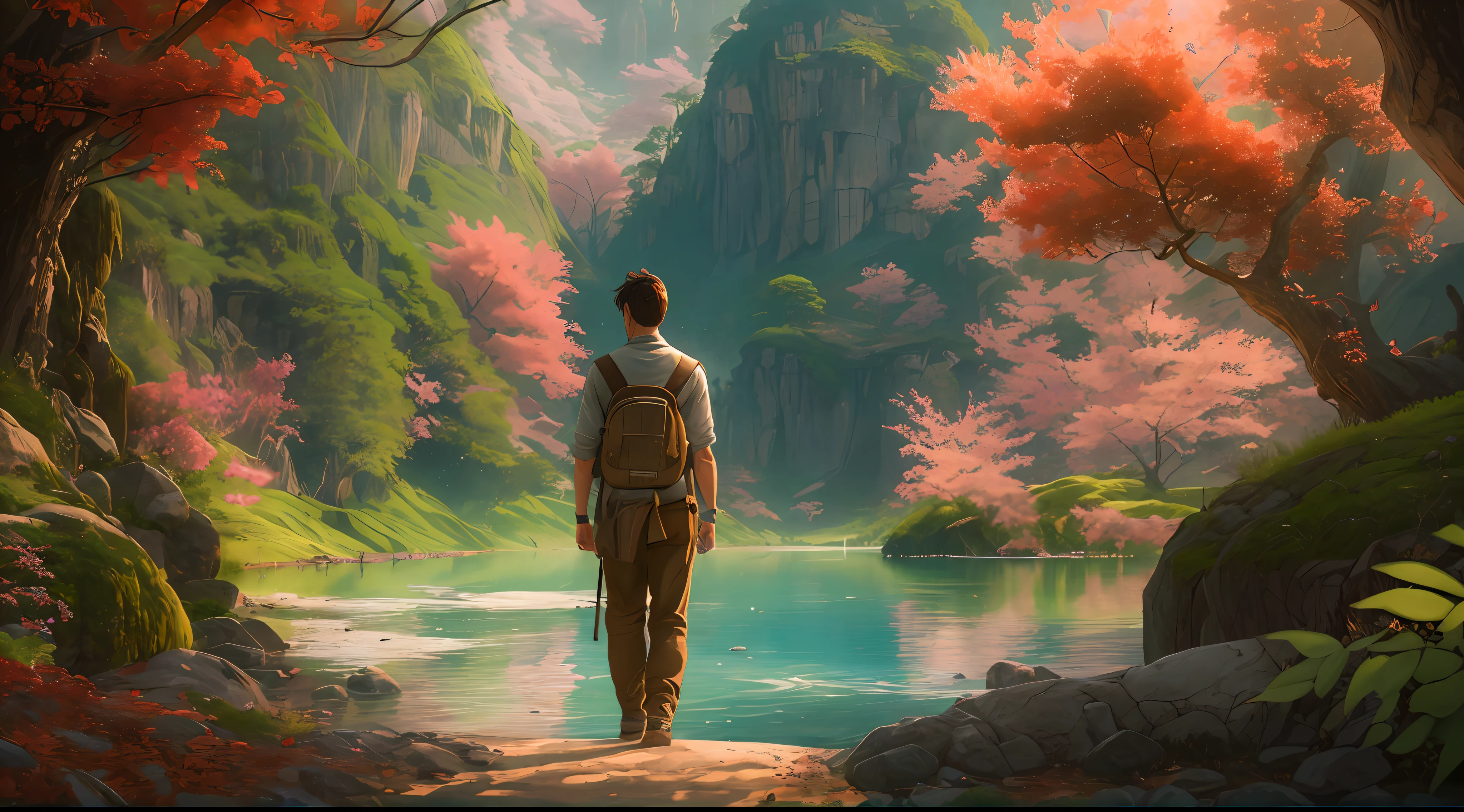 "(ultra-detailed CG unity 8k wallpaper, masterpiece, best quality, depth of field, HDR, intricate), (by Greg Rutkowski: 1.2), A mesmerizing artwork depicting a serene and enchanting natural landscape titled 'Nature Boy'. The image showcases breathtaking scenery with vibrant colors, lush greenery, and immersive depth. The composition captures the beauty of nature with exceptional attention to detail and flawless execution. The scene features a solitary figure immersed in the surroundings, exuding an aura of tranquility and harmony. The lighting effects accentuate the overall ambiance, evoking a sense of wonder and awe. This artwork is a true masterpiece that radiates a soothing and captivating atmosphere."