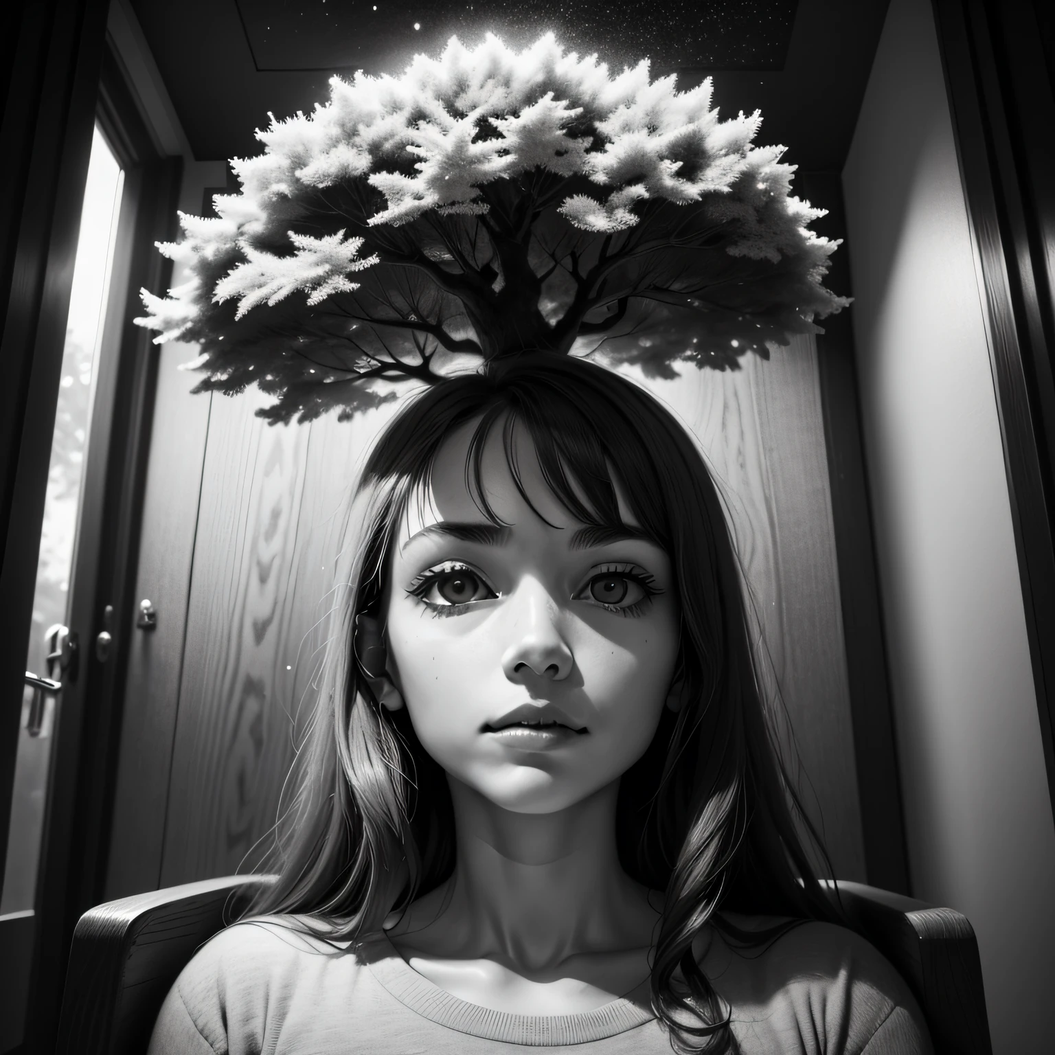 una persona sentada en un asiento de madera con espandar y de fondo un arbol, esta imagen es en blanco y negro, muy detallado, un fondo gris y en la parte superior un gris claro y contiene estrellas