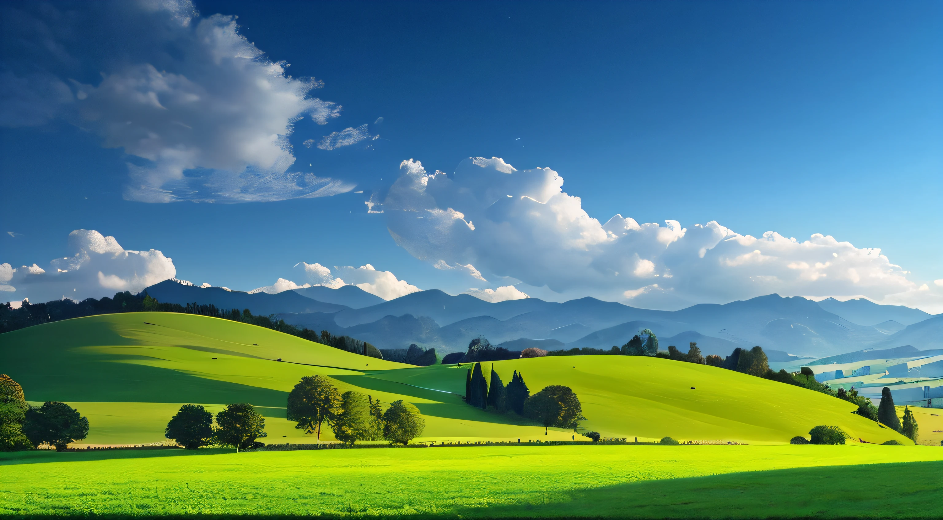 View of green fields with trees and mountains as a background, Landscape wallpaper, rolling green hills, Landscape scenery, cypresses and hills, lush countryside, high quality desktop wallpaper, Rolling hills, breathtaking landscape, Natural landscape, lush scenery, perfect landscape, very beautiful scenery, Green meadows, Nature views, Beautiful landscape, Amazing landscape, scenery wallpaper, peaceful landscape