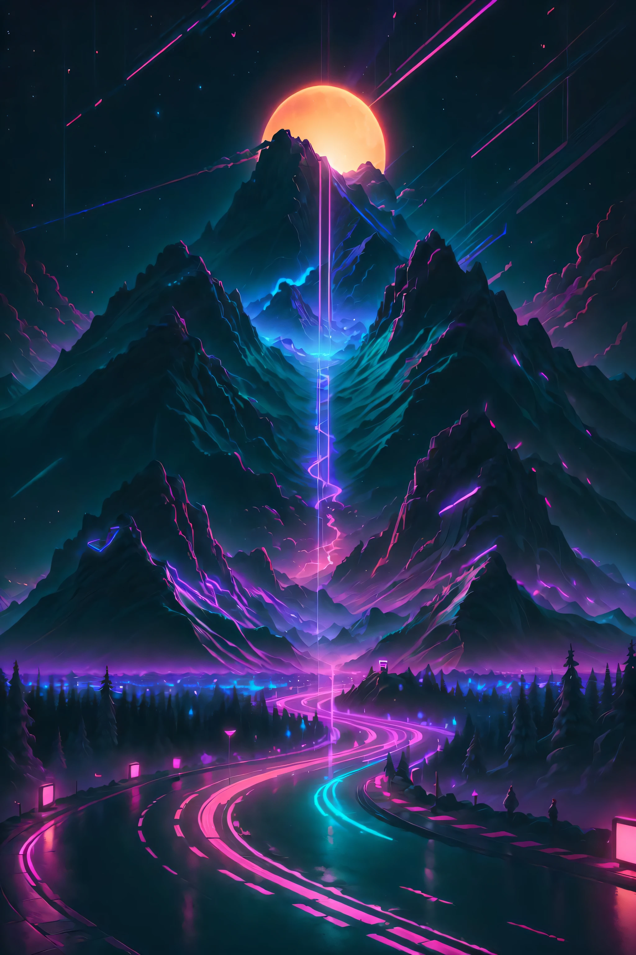 retrowave.  road,  purple neon lights, sun, mountain, 
(masterpiece,detailed,highres),