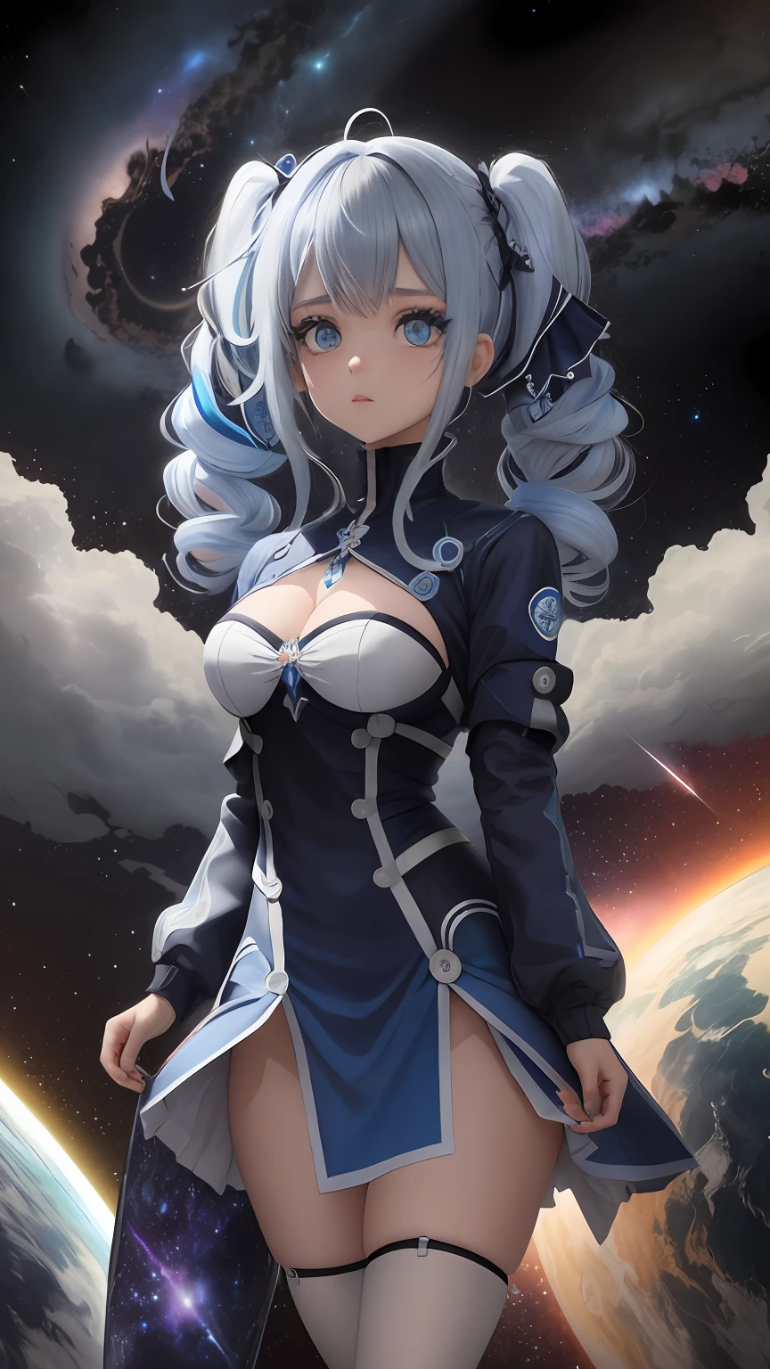 anime com longos cabelos roxos e vestido azul na frente de uma lua cheia, de baixo, olhando para o espectador, foco dos olhos, olhos de tanoeiro, Galaxy Eyes, cabelo univers, twintail, busty, fundo da lua, corpo inteiro, 8k, qualidade absurda, rosto bonito, hands off the board, res, resabsurda alta, (obra-prima:1.4), ultra-detalhado, 1girl, de baixo, pulando, meias, cabelo platinado, Andromeda eyes, cinto de liga, yandere