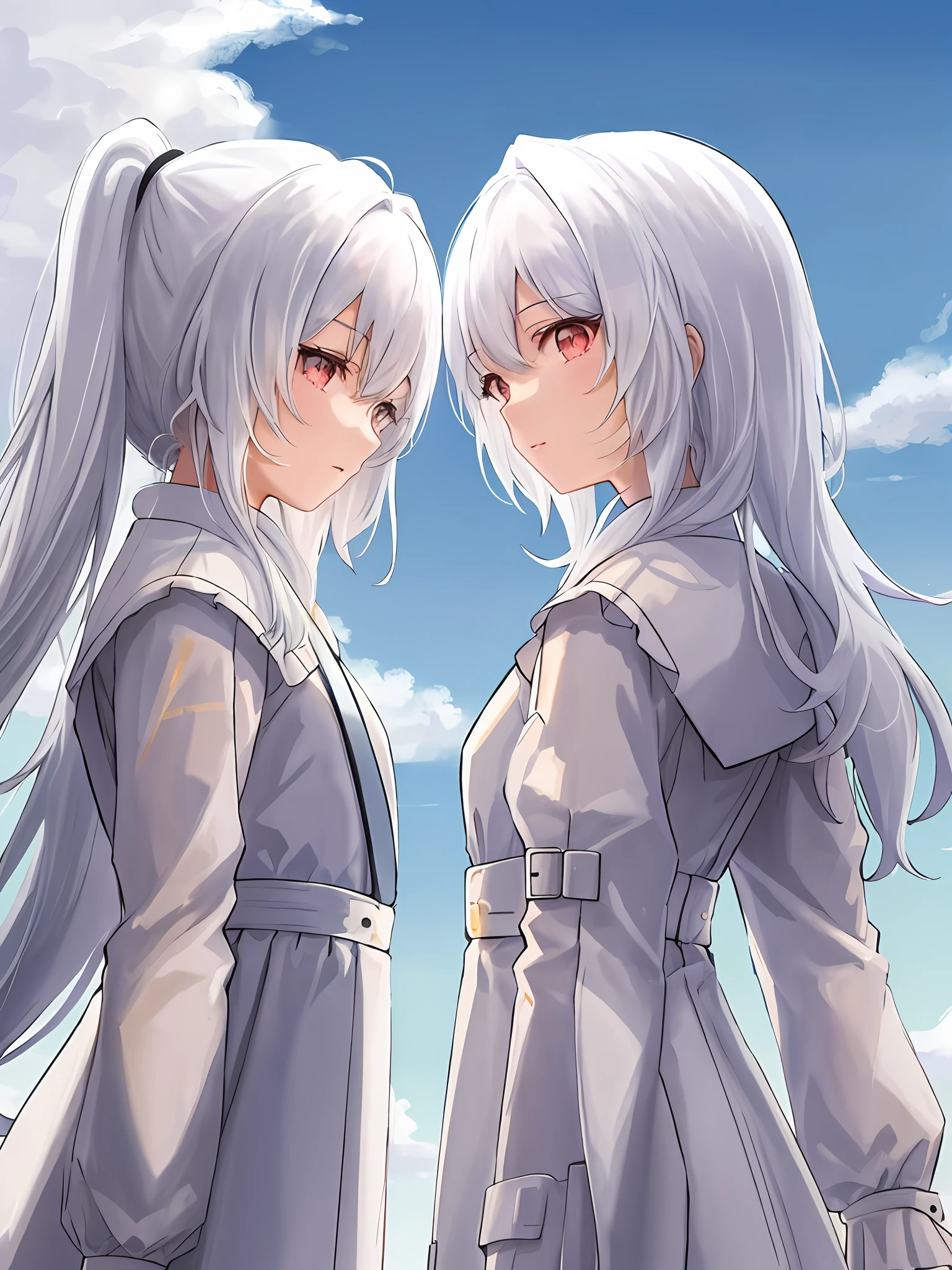 Double single ponytail white hair back to back look up at the sky upper body