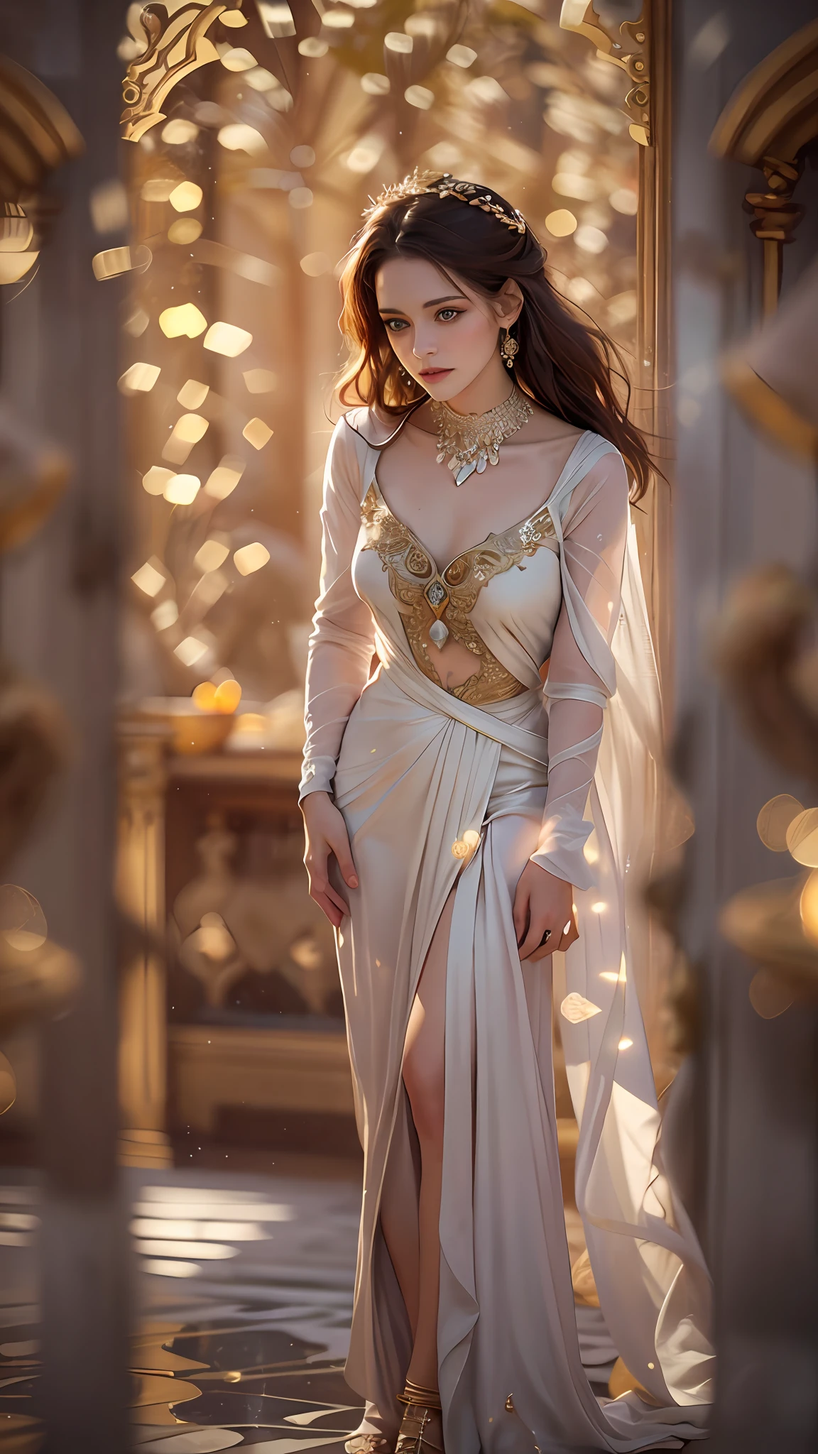 Best Quality, 巨作,1girl, Kristen Stewart , The perfect Arab dress, hair decoration, necklac, jewelry, beautifull face, Full body, Perfect thighs, Realistic Photos, Edge lighting, Two-tone lighting, (High Detail Skin: 1.2), 8KG UHD, dslr, soft lighting, highs quality, volumetric lighting, express, HD, 8k, bokeh, Realistic, He's realistic