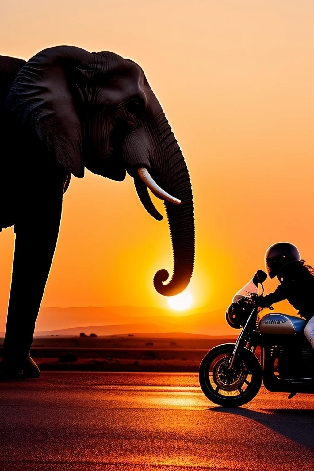 Elephant-headed woman riding a black street-style motorcycle, onda de luz, sun sunset, intrincada, altamente detalhada