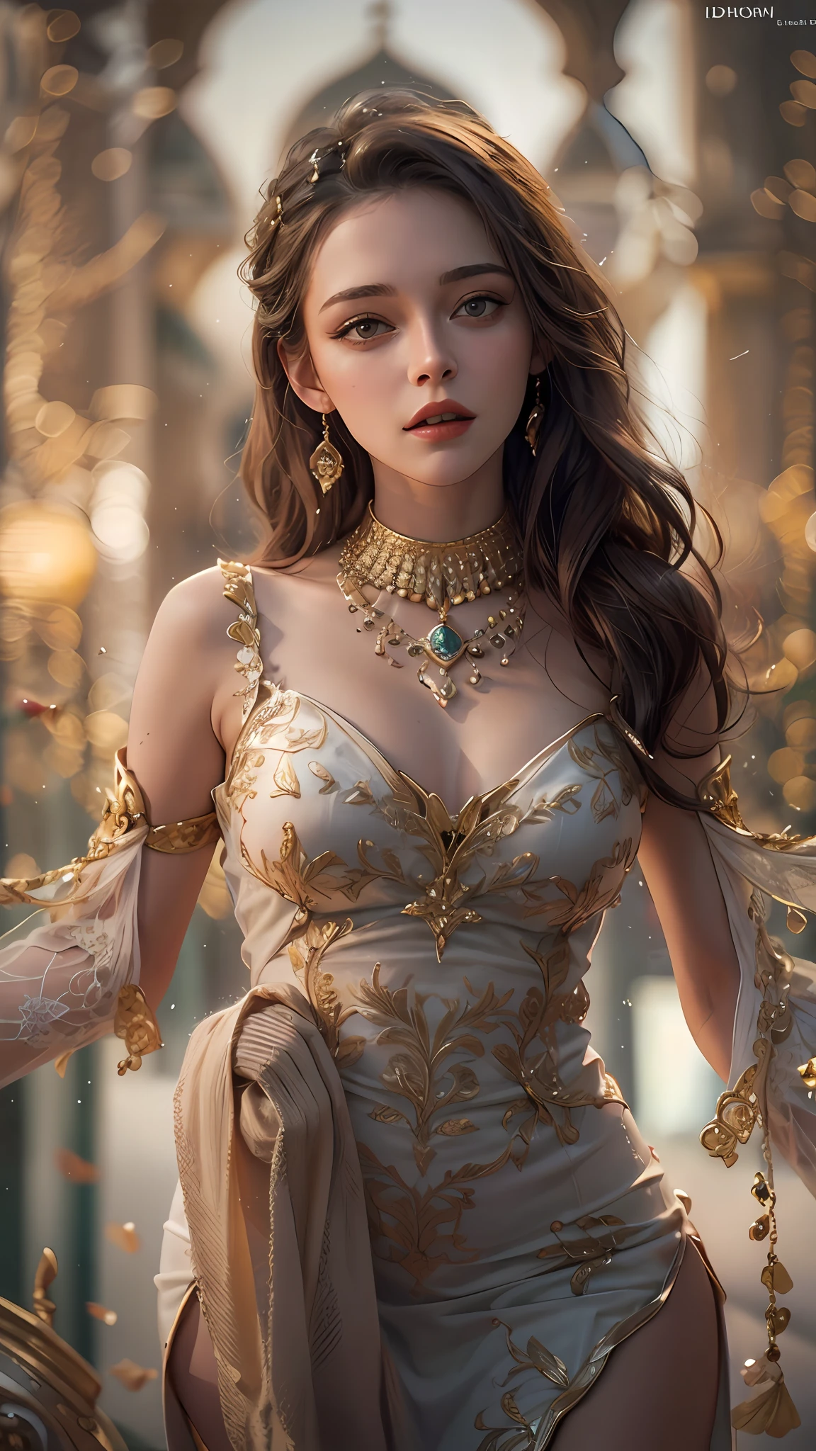 Best Quality, 巨作,1girl, Kristen Stewart , The perfect Arab dress, hair decoration, necklac, jewelry, beautifull face, Full body, Perfect thighs, Realistic Photos, Edge lighting, Two-tone lighting, (High Detail Skin: 1.2), 8KG UHD, dslr, soft lighting, highs quality, volumetric lighting, express, HD, 8k, bokeh, Realistic, He's realistic