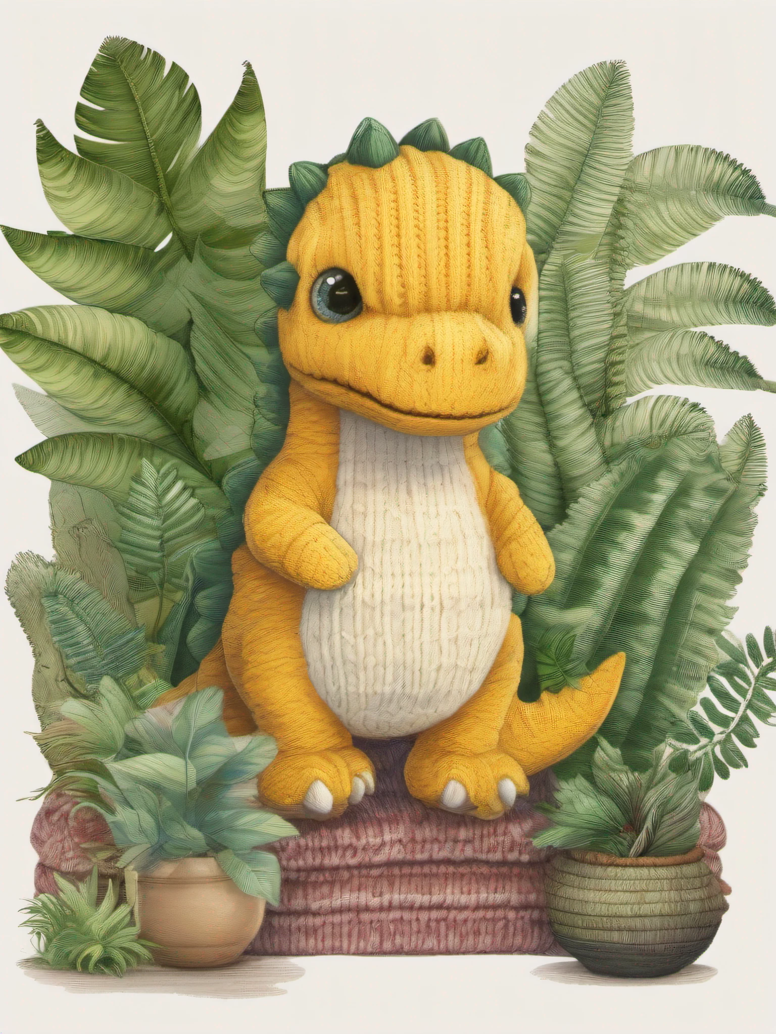 high-level image quality、hightquality、Detailed drawing。Big dinosaur、knitting、border、Cute fluffy body、Yellow glaring eyes。sideways Facing。Fern plants made of knitwear