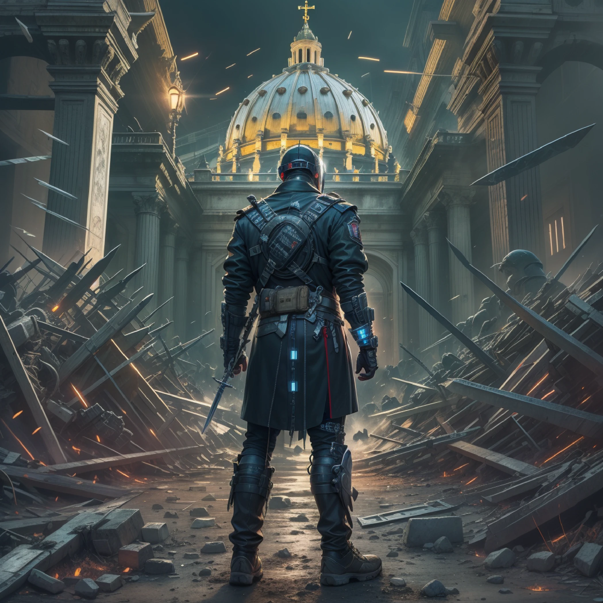 Vatican Church,cyber punk perssonage,neonlight,UHR,Roman numerals,A lot of swords stuck in the ground