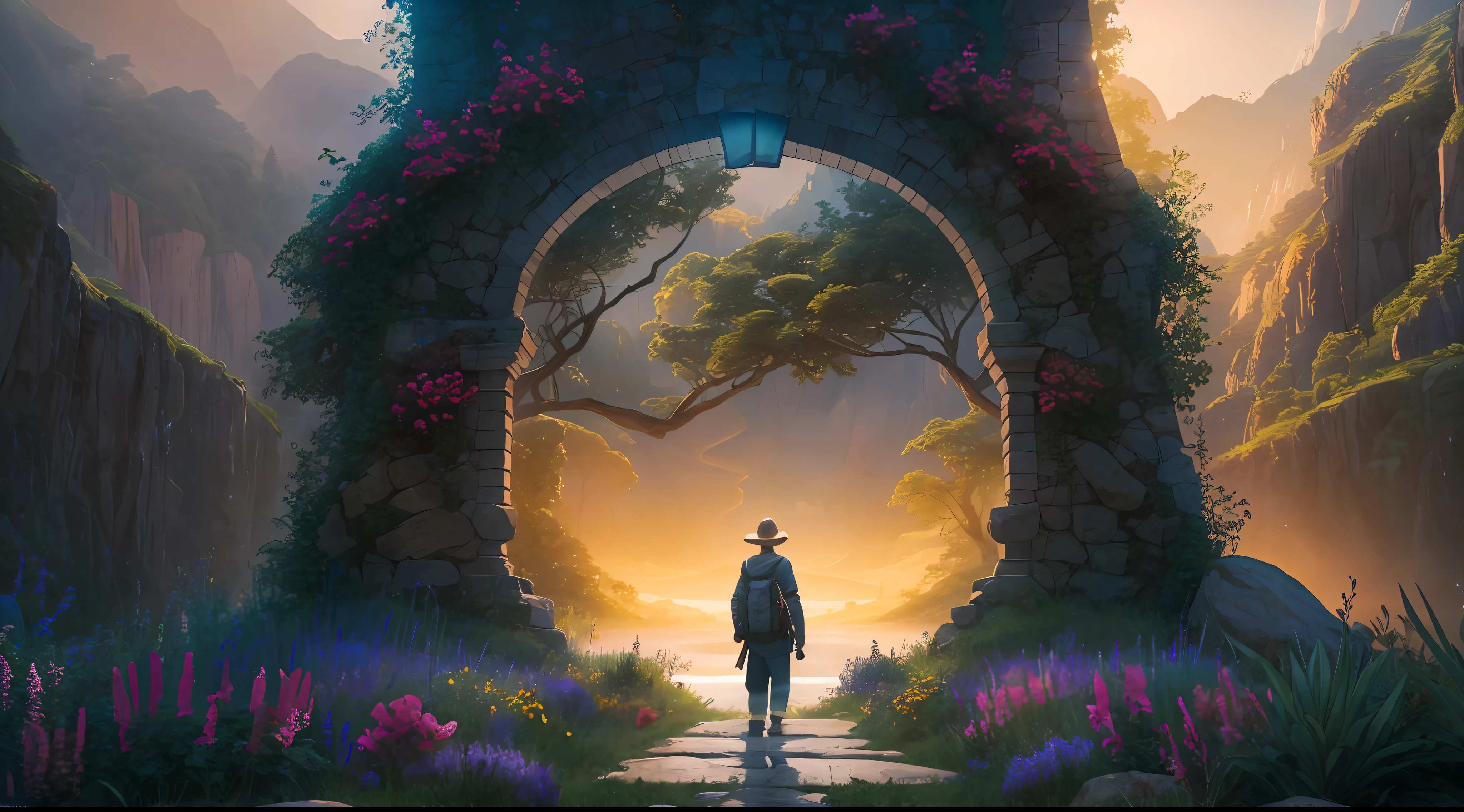 "(ultra-detailed CG unity 8k wallpaper, masterpiece, best quality, depth of field, HDR, intricate), (by Greg Rutkowski: 1.2), A mesmerizing artwork depicting a serene and enchanting natural landscape titled 'Nature Boy'. The image showcases breathtaking scenery with vibrant colors, lush greenery, and immersive depth. The composition captures the beauty of nature with exceptional attention to detail and flawless execution. The scene features a solitary figure immersed in the surroundings, exuding an aura of tranquility and harmony. The lighting effects accentuate the overall ambiance, evoking a sense of wonder and awe. This artwork is a true masterpiece that radiates a soothing and captivating atmosphere."