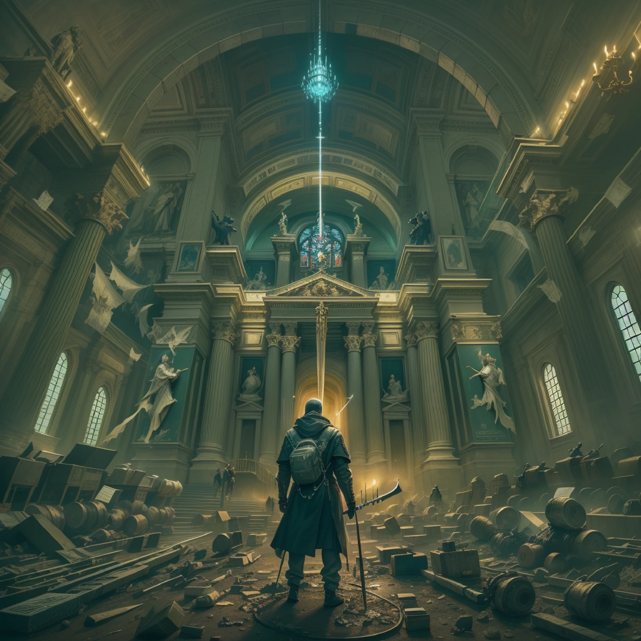 Vatican Church,cyber punk perssonage,neonlight,UHR,Roman numerals,A lot of swords stuck in the ground