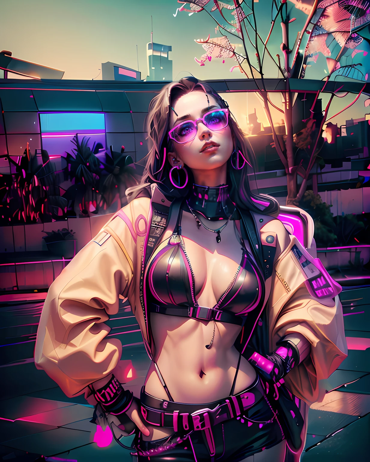 "Arte digital incrivelmente detalhada, rosto minuciosamente detalhado. Music diva, visual da moda, sun glasses, posing with neon aesthetics in a cyberpunk setting."