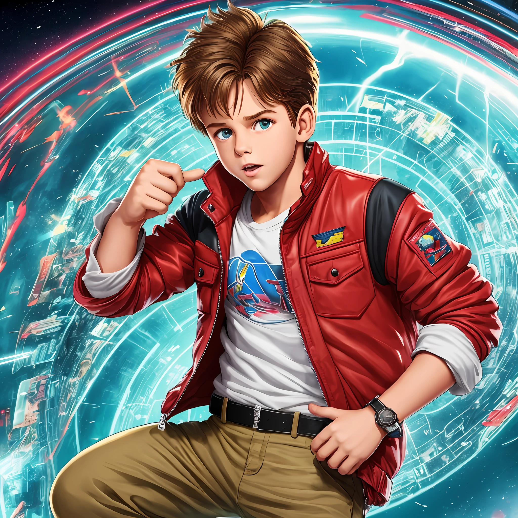 Create a child Martin McFly from the movie Back to the Future with red puff jacket, alegre, em mascote cartoon com faixa preta --auto --s2