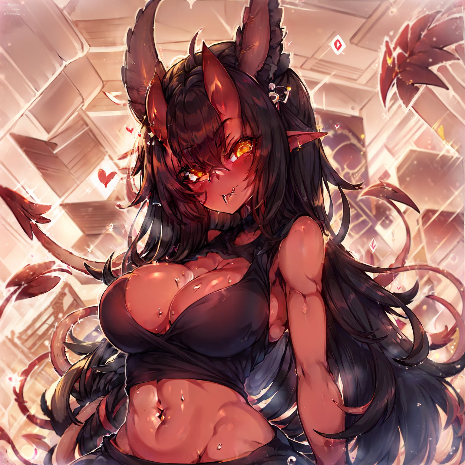 meruccubus, yellow eyes, red oni, simple background, long hair, mole under eye, red horns, oni horns, pointy ears, looking at viewer, skin-covered horns, medium breasts, tail, solo, demon girl, demon tail, 1girl, colored skin, freckles,black hair, red skin , t-shirt , bubble skirt