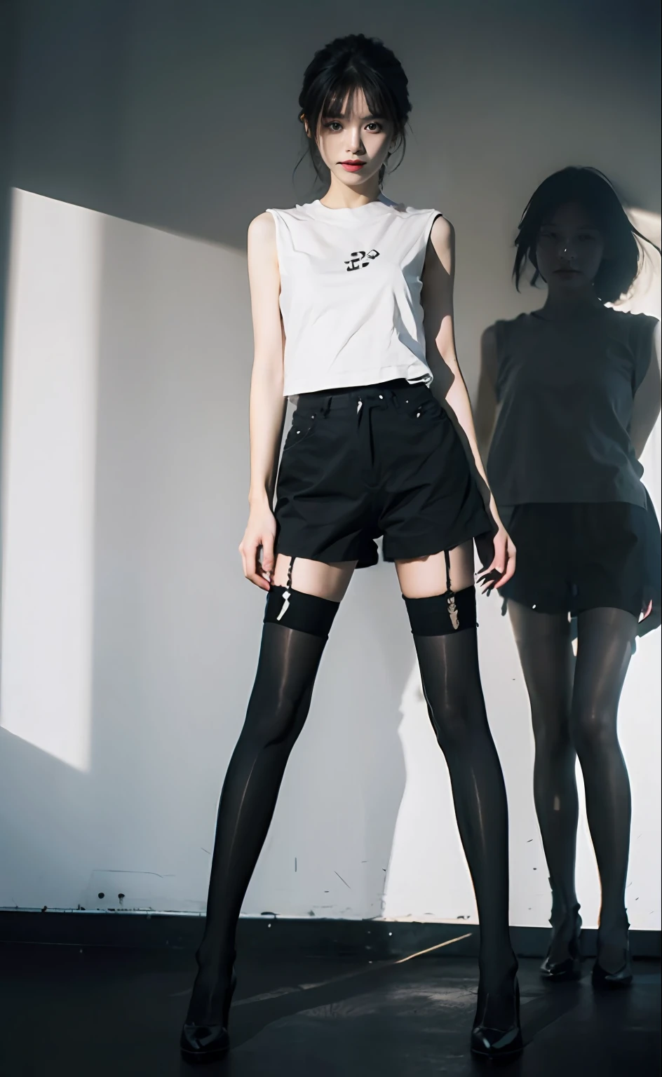 Best quality, masterpiece level, intricate details, high-precision graphics, ultra-HD quality, detailed shadows, fantastic atmosphere, dark background, shadow effect, local light, a pure beauty girl, personal solo display, exquisite and detailed face and eyes, real skin fit, black and white contrast scheme, high waist and slender leg line, shorts with stockings, (sleeveless T-shirt for top, full body presentation),