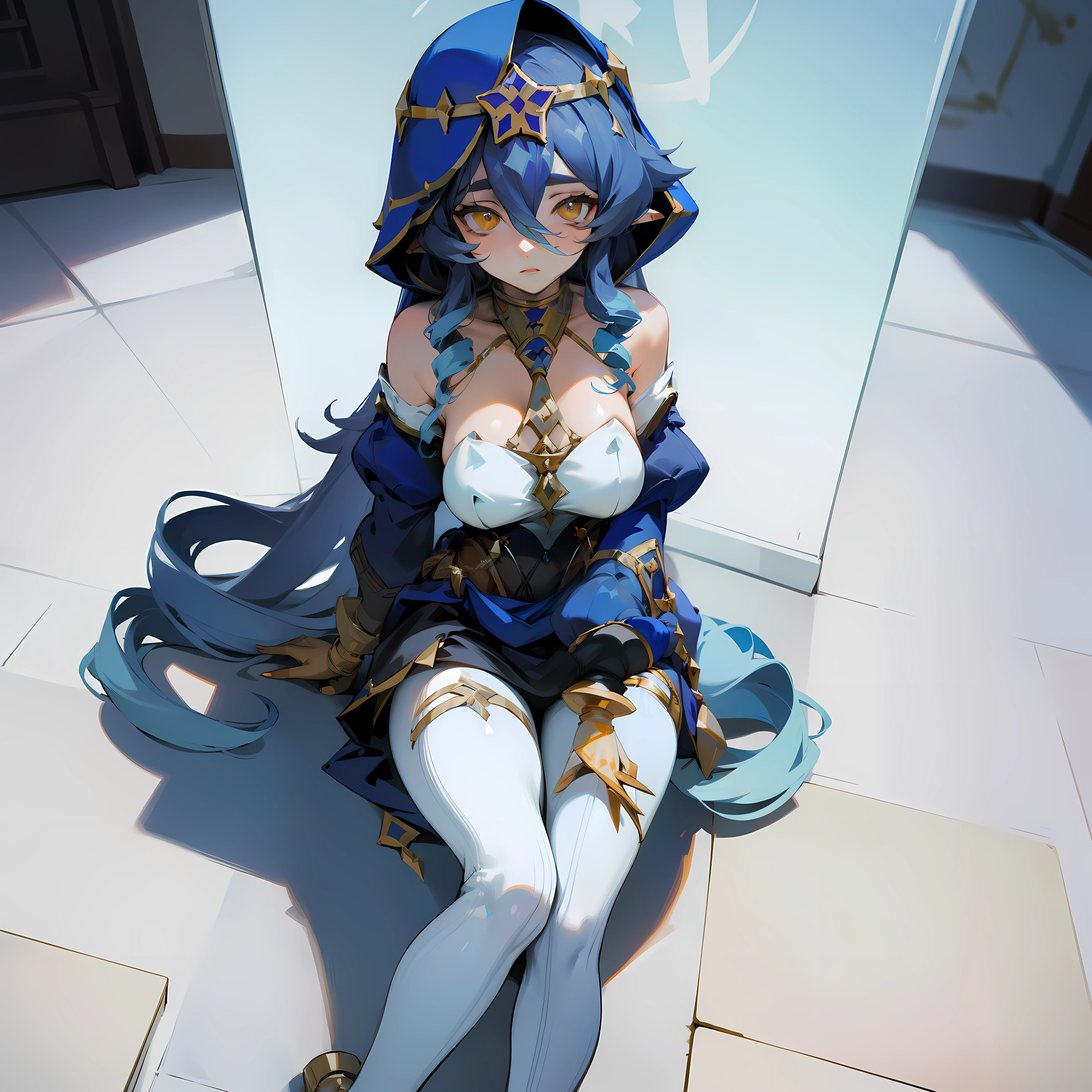 (masterpiece), best quality, expressive eyes, perfect face, w sitting,sitting on ground , legs on ground, big breast, good breast,laylarnd,layladef, both arms between legs