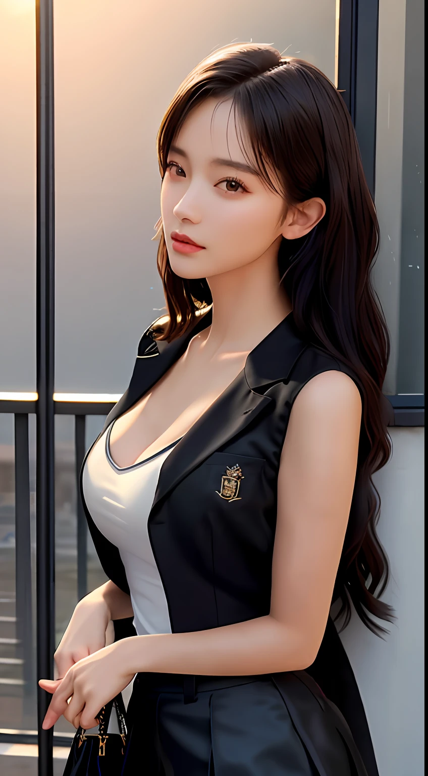 best quality, masterpiece, 1girl, Beautiful face, (photo realistic:1.3), rim lighting, (high detailed skin:1.2), 8k uhd, dslr, high quality, high resolution, 4k, 8k, Bokeh, absurdres, best ratio four finger and one thumb, (realistic:1.3), cute 1girl, wearing black formal blazer, medium breasts, short skirt,