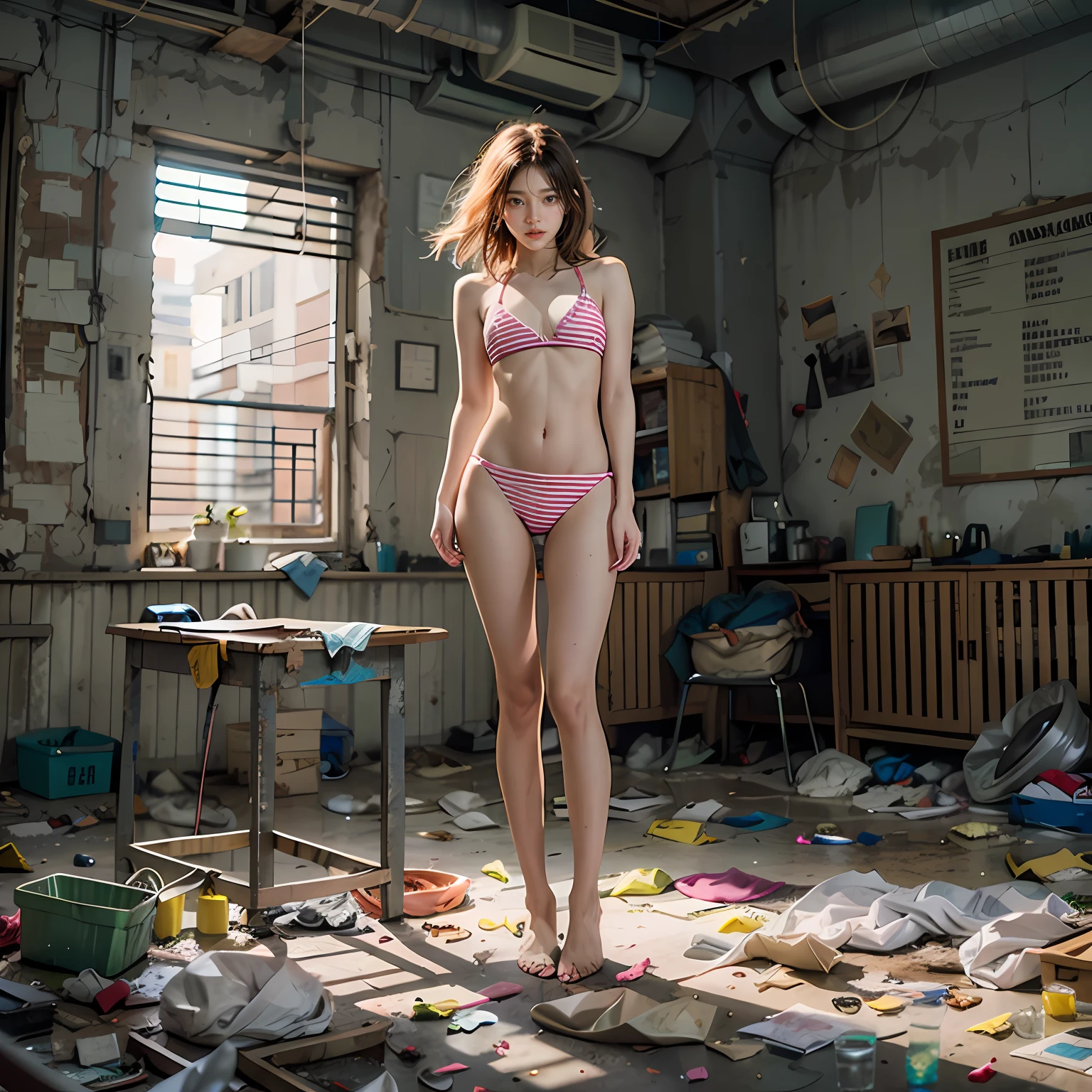 Standing in an abandoned classroom，legs are open，Garbage all over the ground，grimy， urinating， junk， tmasterpiece， Best quality at best， highly  detailed，Small pink bikini，cropped shoulders，revealing the lower abdomen，revealing breasts，Leaking the genitals，showing butt，scruffy，Abandoned，Naked body，of a shirtless，Masterpiece，best qualtiy，A Korean beauty，Extreme image quality