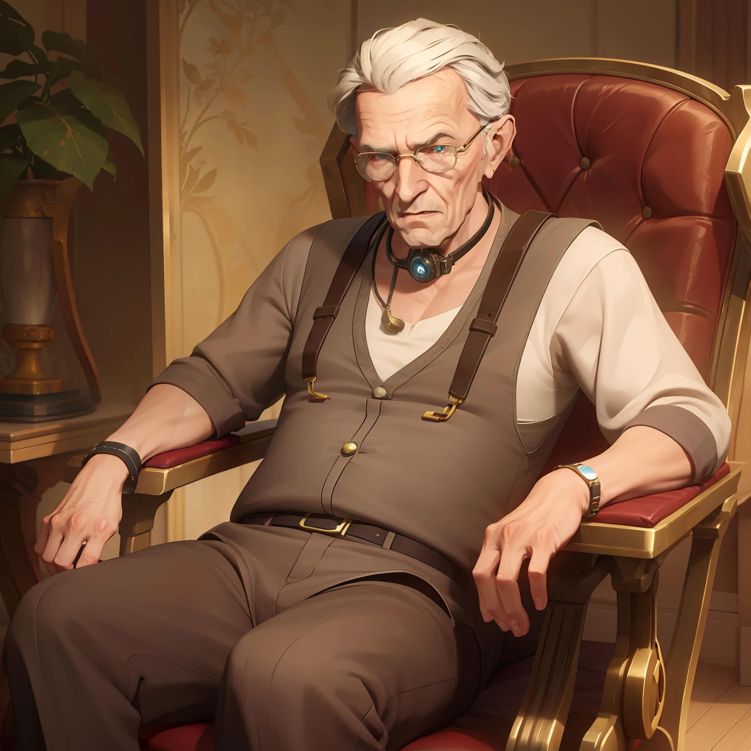 A stylish old man sitting in a comfortable chair, with a technological bracelet around his neck and an expression of profound wisdom.