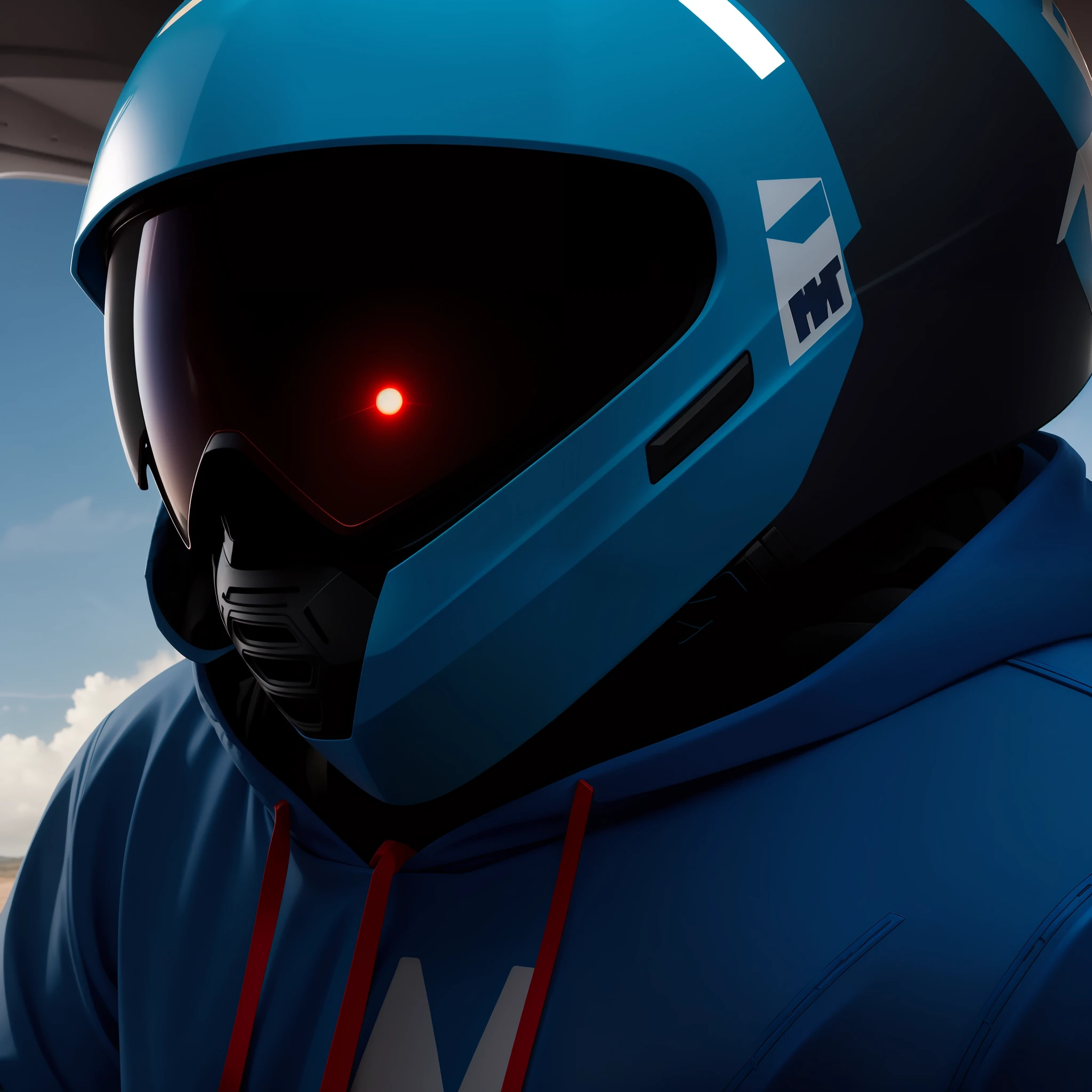 "Make a boy pilot wearing a blue hood with a lightning dog drawn on his hood. in your head, He has a white motocross helmet with snowboard goggles. red movie scene."